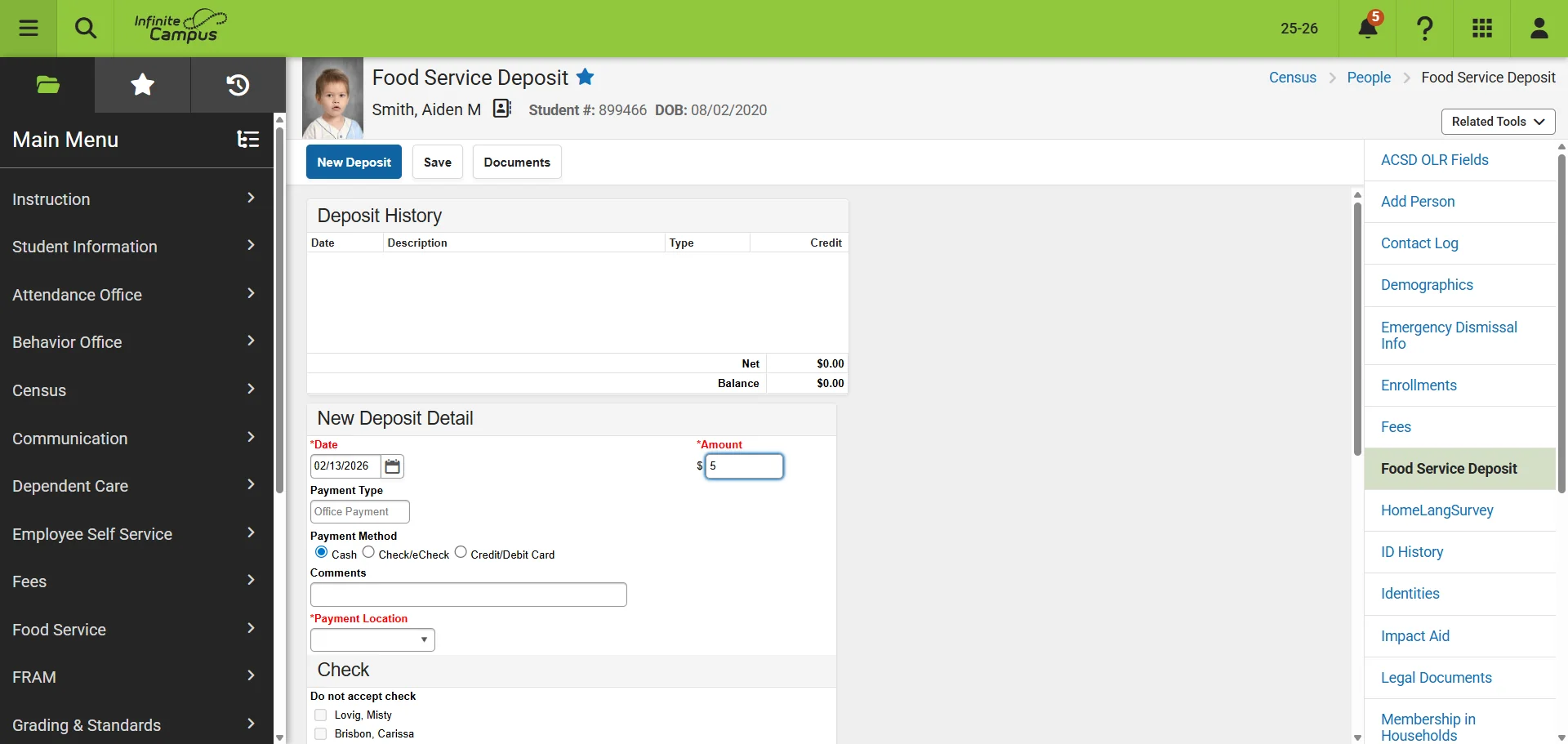 Screenshot showing Fill in the required information: 'Date', 'Amount', 'Cash or Check and Check Number', 'Payment Location'. Click 'Save'