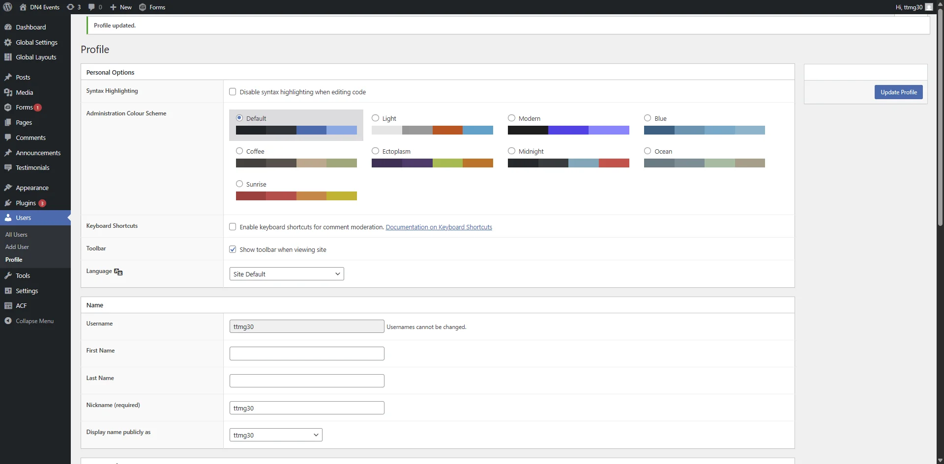 Screenshot showing Click on 'Update Profile'