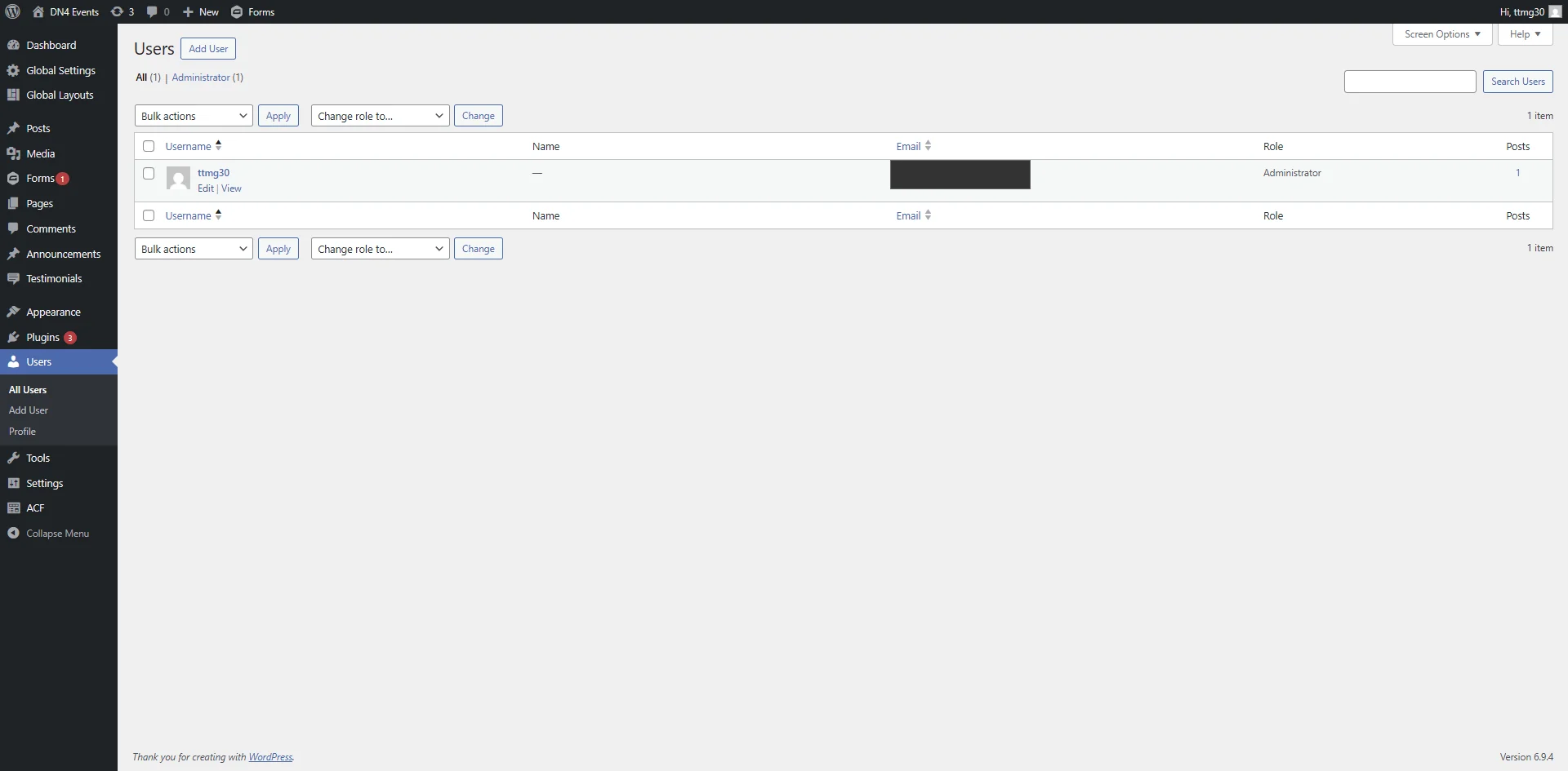 Screenshot showing Navigate to http://dn4events.local/wp-admin/users.php