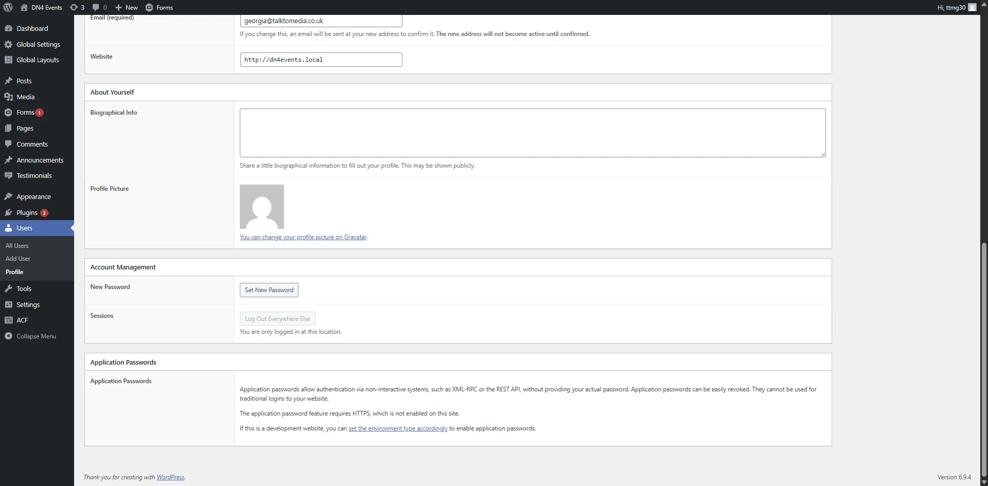 Screenshot showing Navigate to http://dn4events.local/wp-admin/profile.php?wp_http_referer=%2Fwp-admin%2Fusers.php