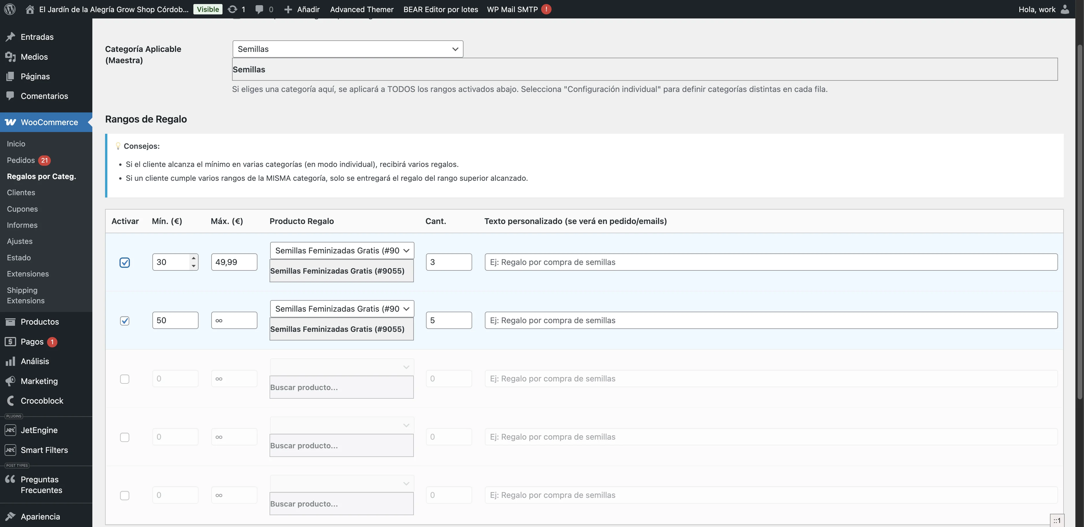 Screenshot showing Añadir rangos mín y max de importe