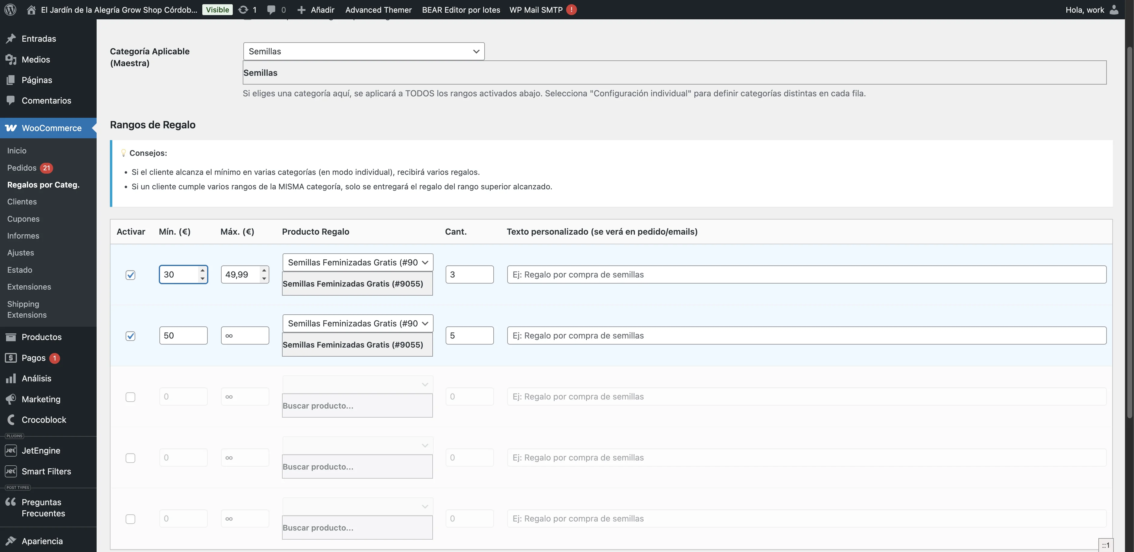 Screenshot showing Unidades que se regalan en ese rango de consumo