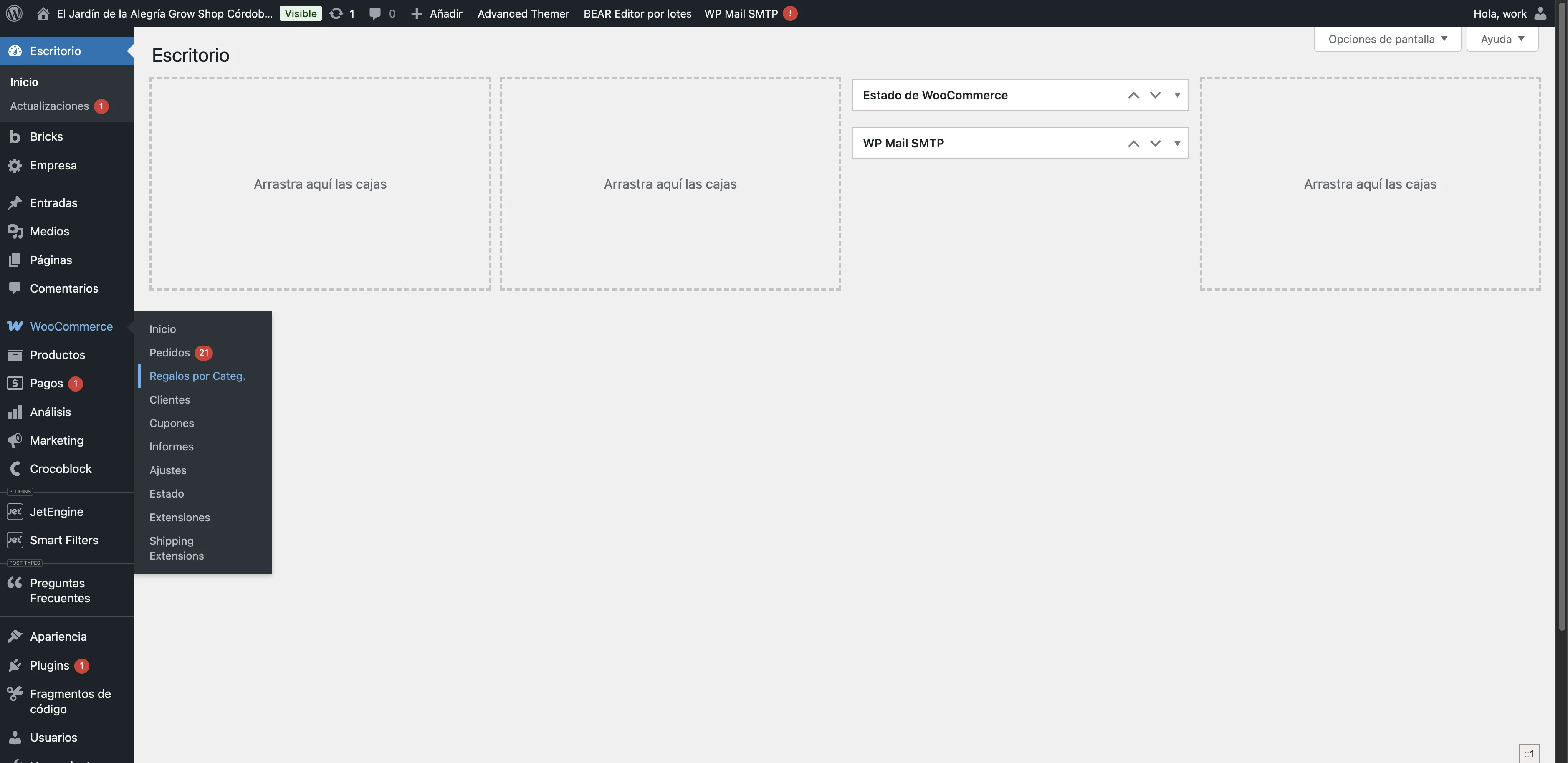 Screenshot showing La opción está en Woocommerce -> Regalos por Categ.