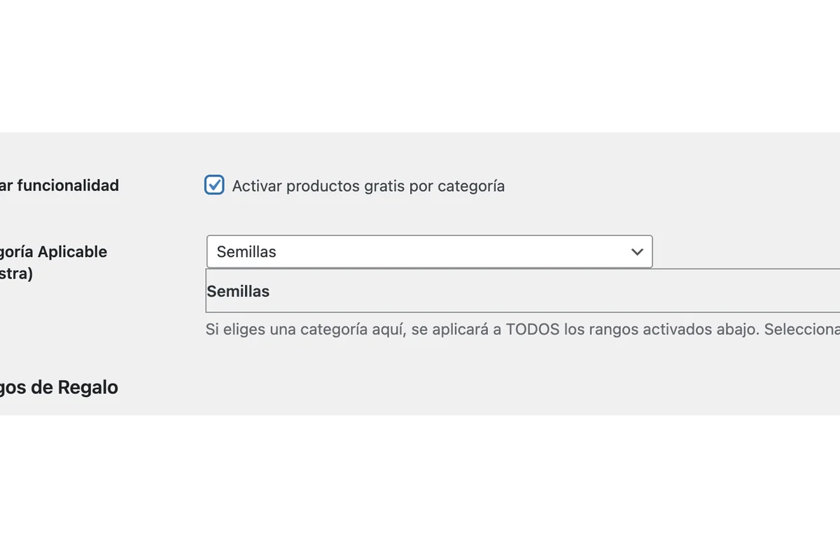 Screenshot showing Esta opción permite seleccionar: 1.- CONFIGURACIÓN INDIVIDUAL POR FILA -> puedes seleccionar una categoría distinta por cada fila. 2.- GLOBAL (TODO EL CARRITO) -> El regalo se hace en función del importe del carrito sin tener en cuenta la categoría. 3.-CATEGORÍA SELECCIONADA -> El regalo se aplica en función del importe consumido de la categoría seleccionada. En este Ejemplo el regalo se aplica según el importe de los productos pertenecientes a la categoría SEMILLAS que tenga el carrito.