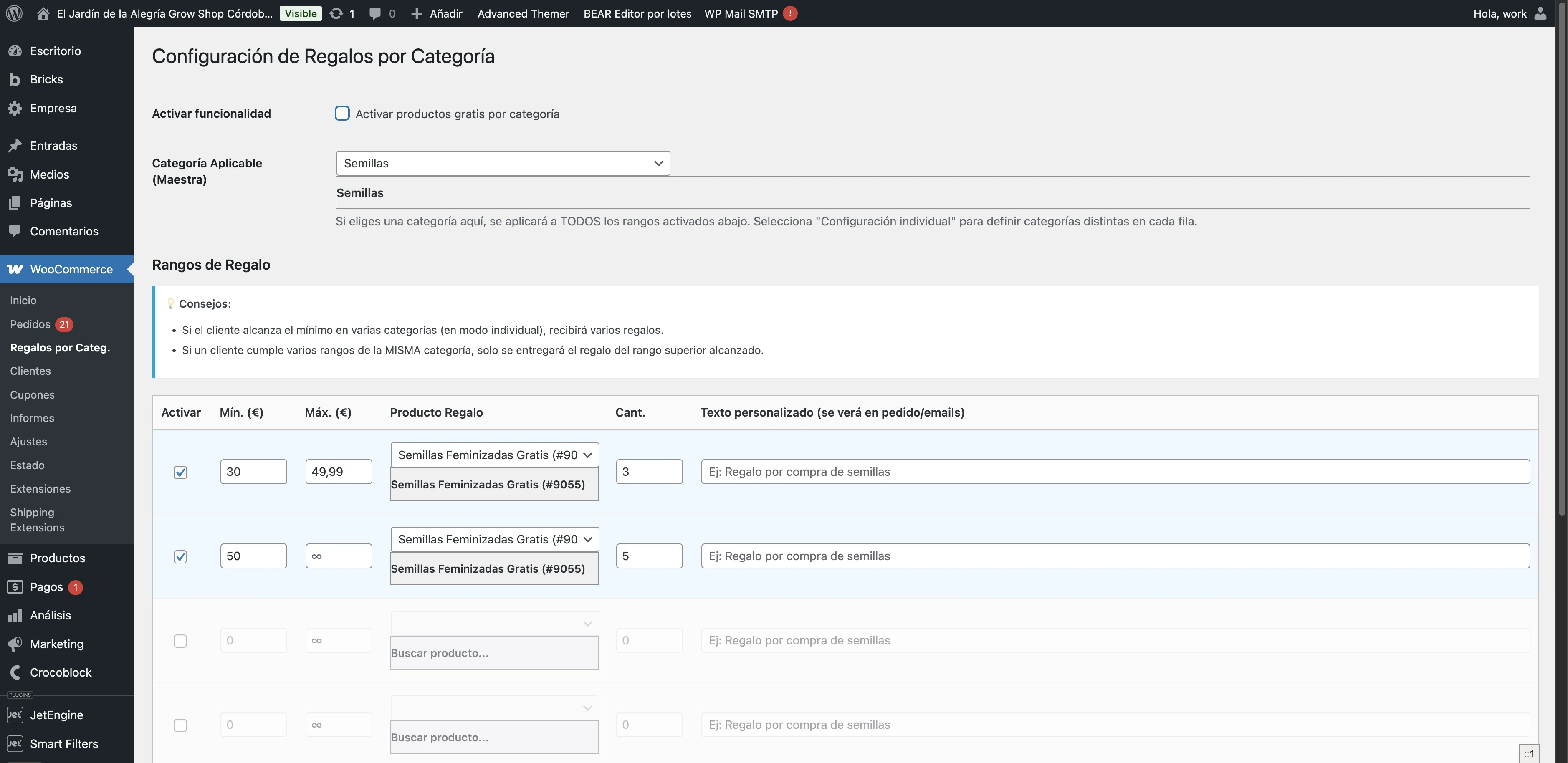 Screenshot showing Este check activa/desactiva la opción de regalo por importe de categoría.