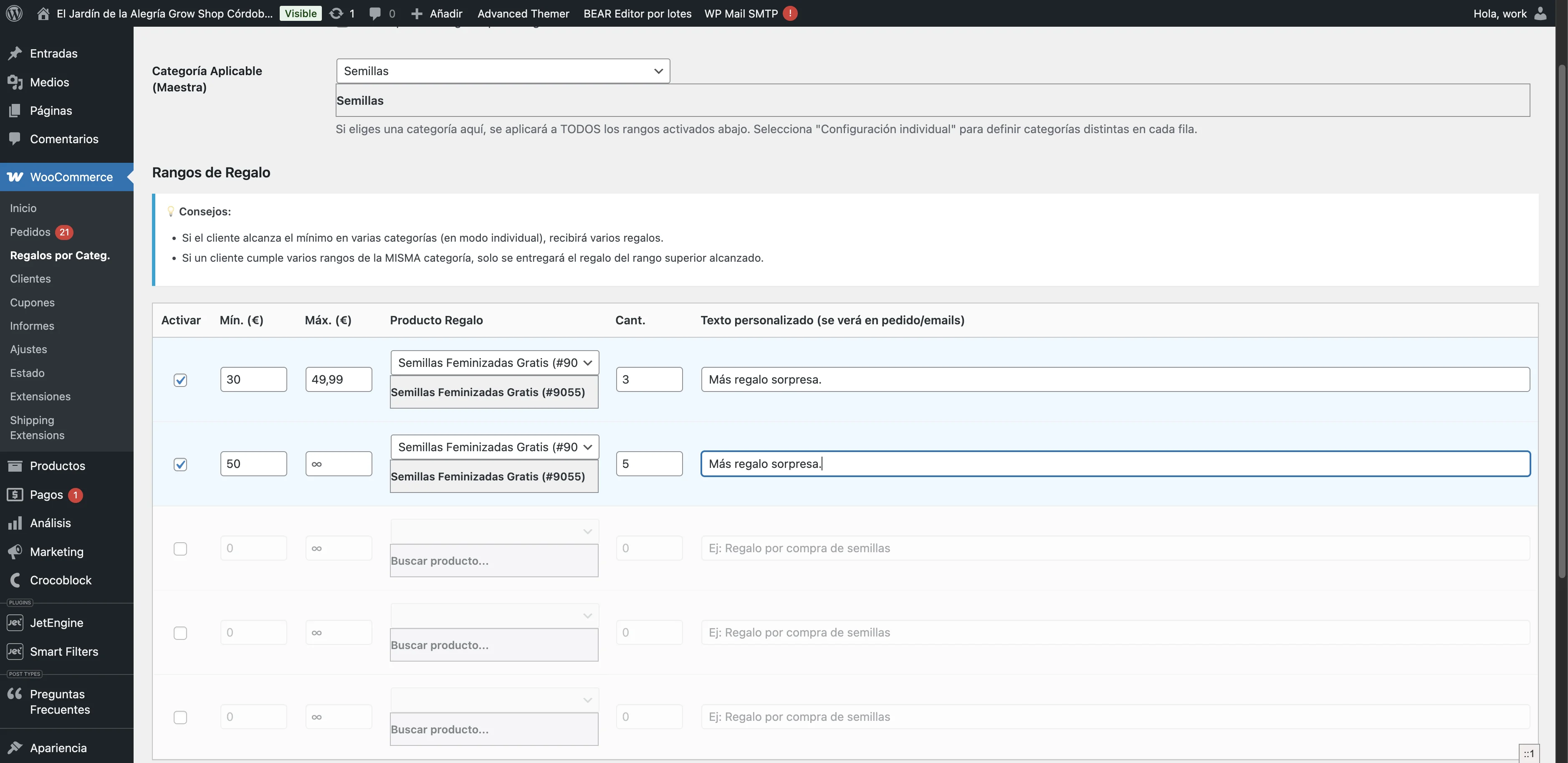 Screenshot showing Enter text in Ej: Regalo por compra de semillas