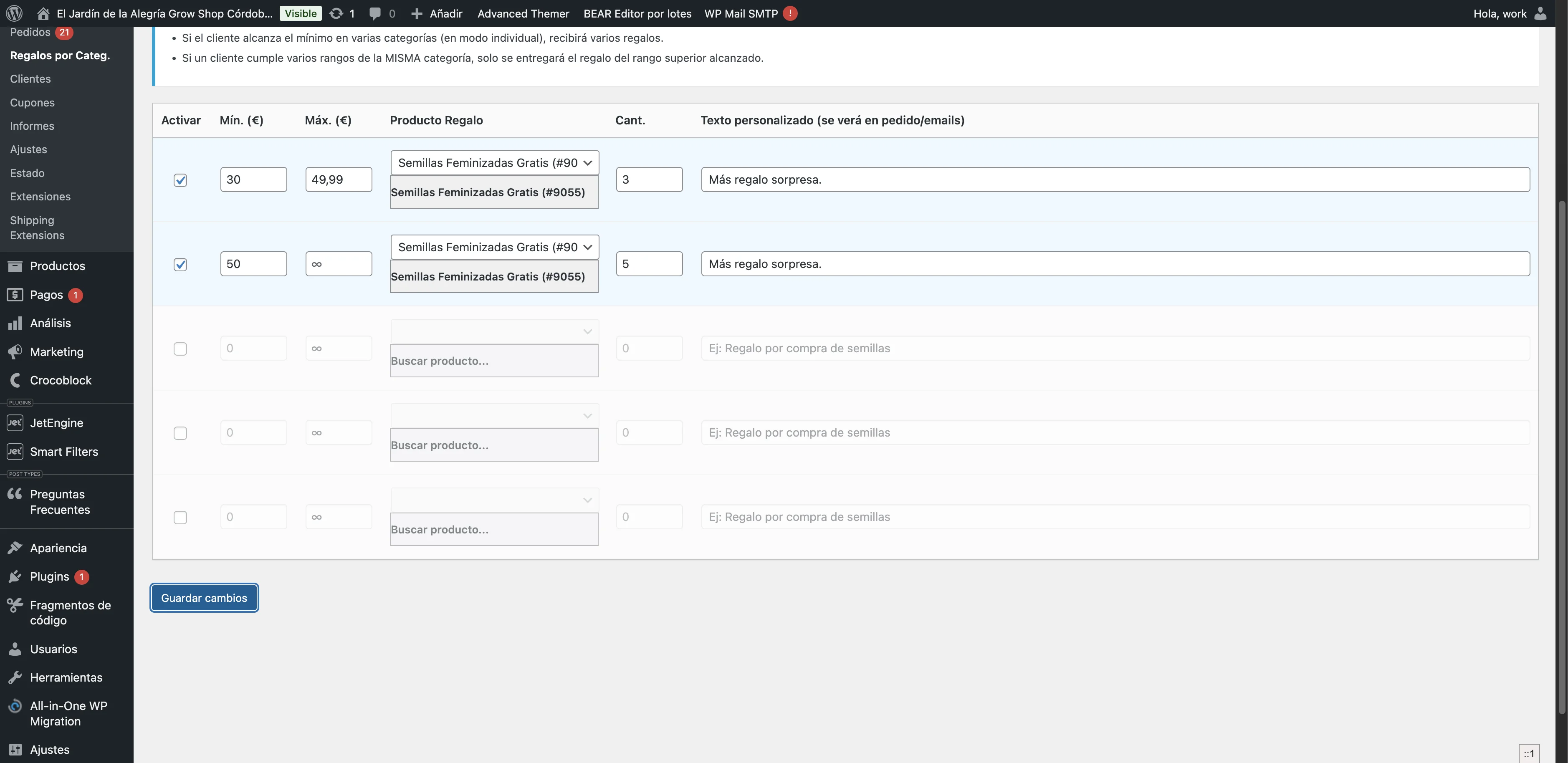 Screenshot showing En esta caso se regalará para un importe entre 30 a 49,99 euros de productos de la categoría Semillas 3 unidades del producto Semillas Feminizadas Gratis, además aparecerá en el email del pedido el texto "Más regalo sorpresa." Y para un importe de 50€ o más en Semillas se regalan 5 unidades de Semillas Feminizadas Gratis, además aparecerá en el email del pedido el texto "Más regalo sorpresa."