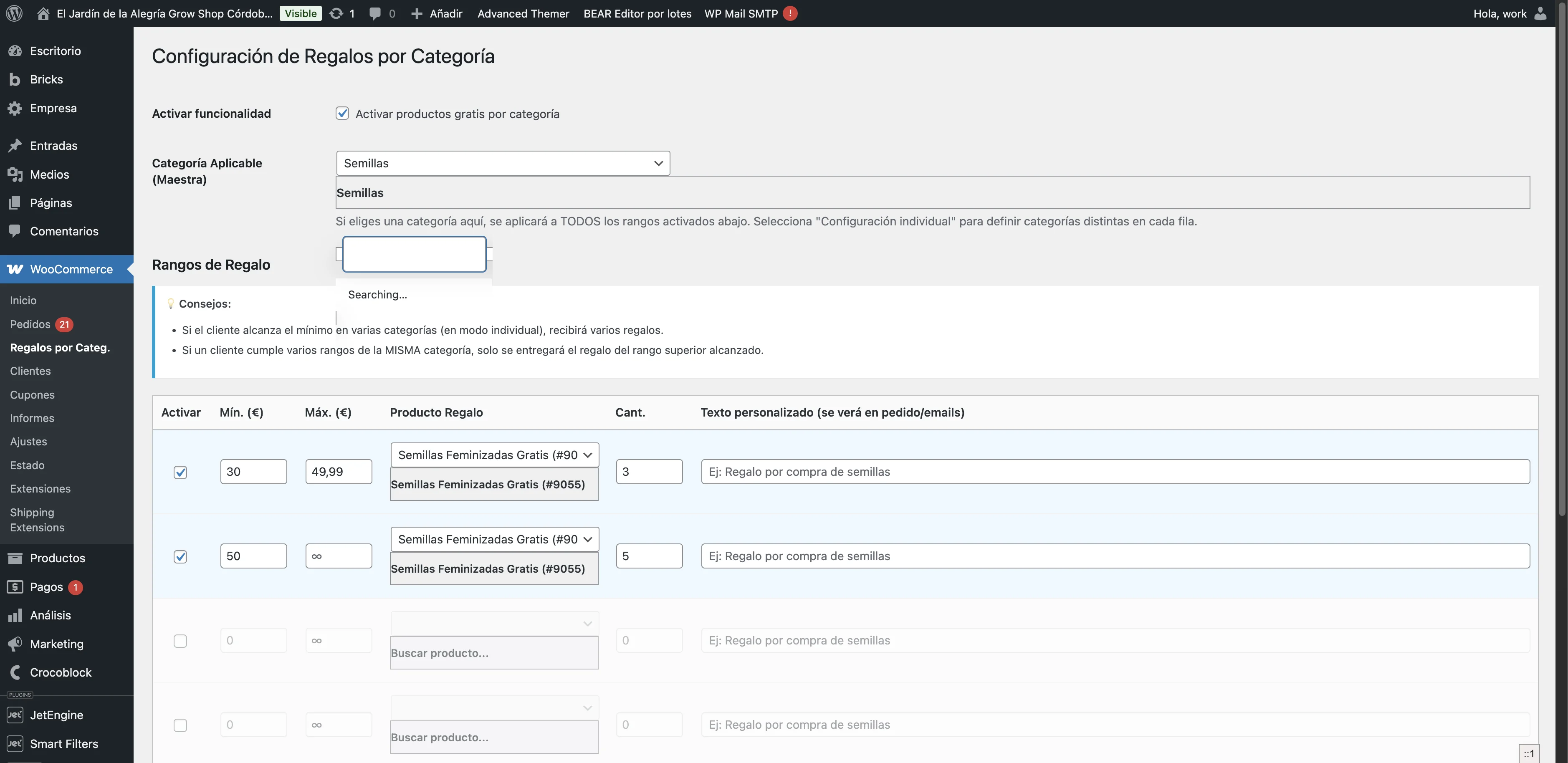 Screenshot showing Pulsando sobre el cuadro gris busca por categorias.