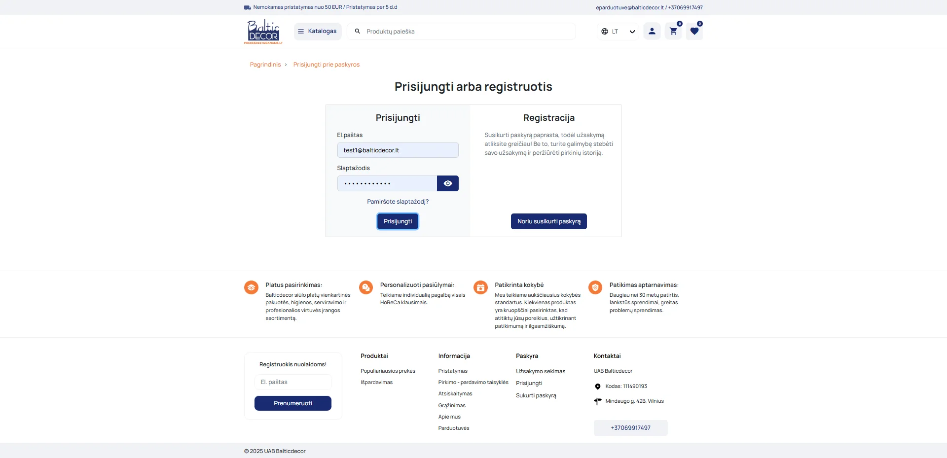 Screenshot showing Suvedame el. paštą ir slaptažodį ir spaudžiame 'Prisijungti'