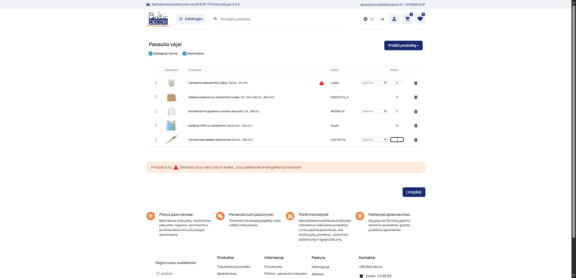 Screenshot showing Matose visą savo dažniausiai perkamų prekių sarašą. Suvedate kiekius ir spaudžiate "Į krepšelį"