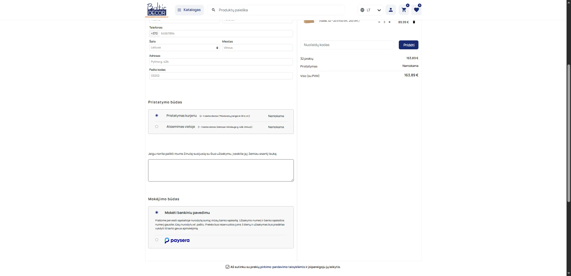 Screenshot showing Pasirenkame pristatymas kurjeriu