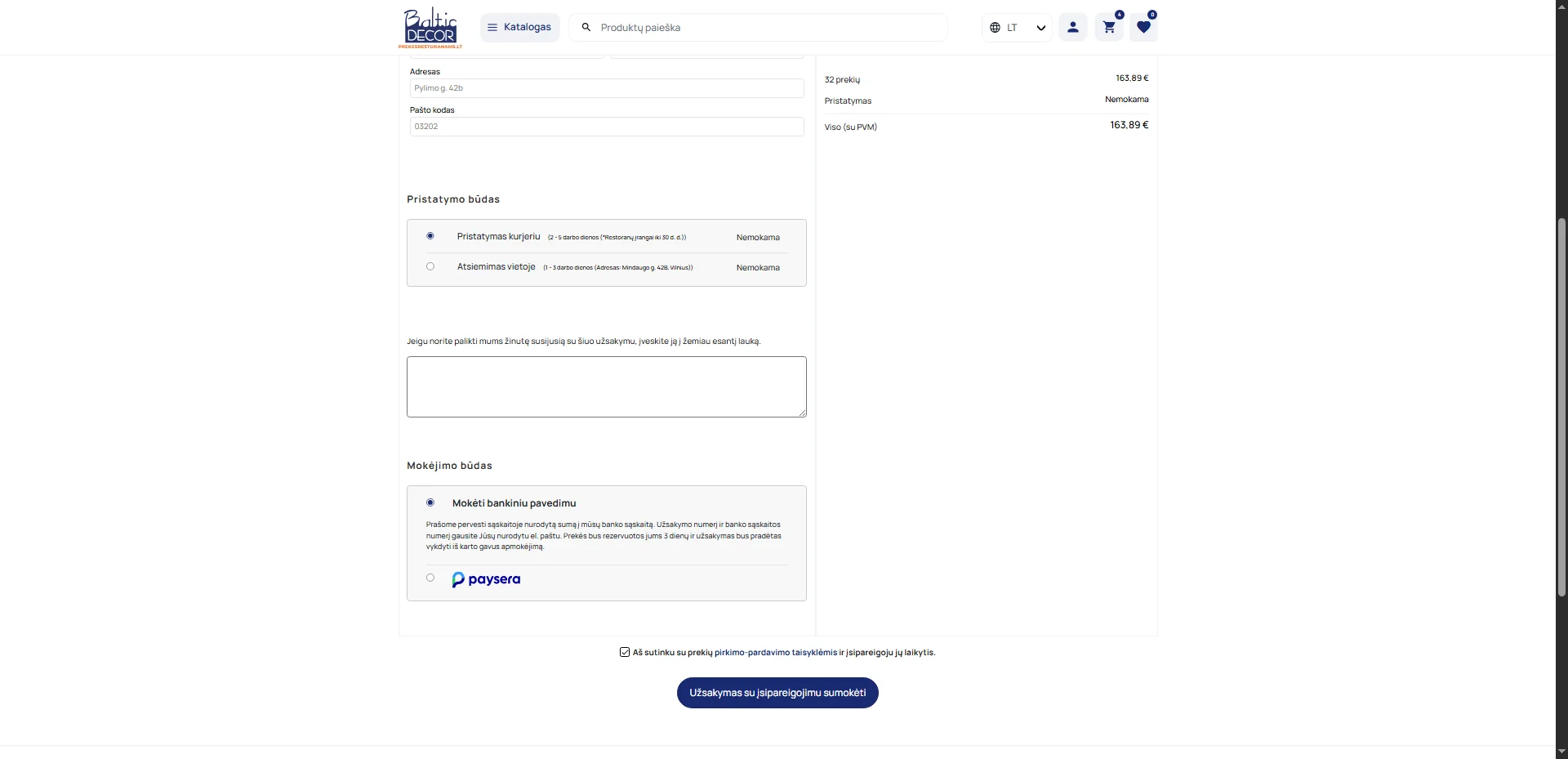 Screenshot showing Pasirenkame 'Mokėti bankiniu pavedimu'. Mokėjimo terminas yra pagal Jūsų pasirašytą pirkimo - pardavimo sutartį.