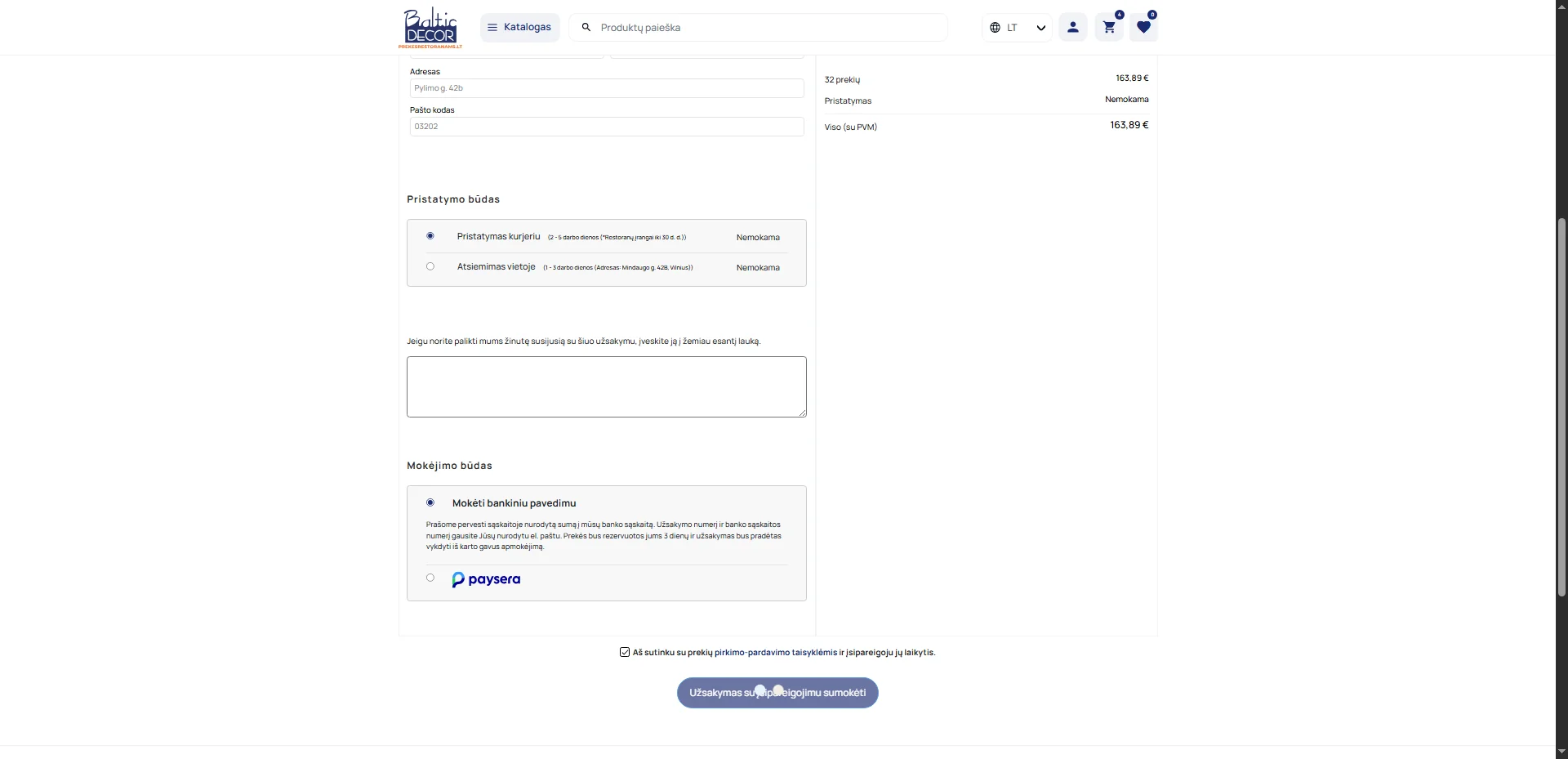 Screenshot showing Spaudžiame ant "Užsakymas su įsipareigojimu sumokėti"