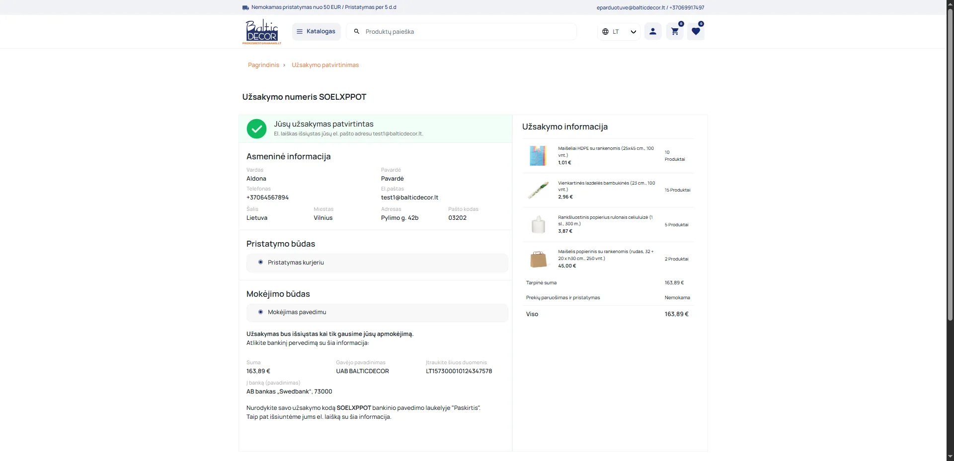 Screenshot showing Užsakymas sėkmingai padarytas. Pristatyta bus kitą darbo dieną jeigu užsakymas padarytas iki 16 h.