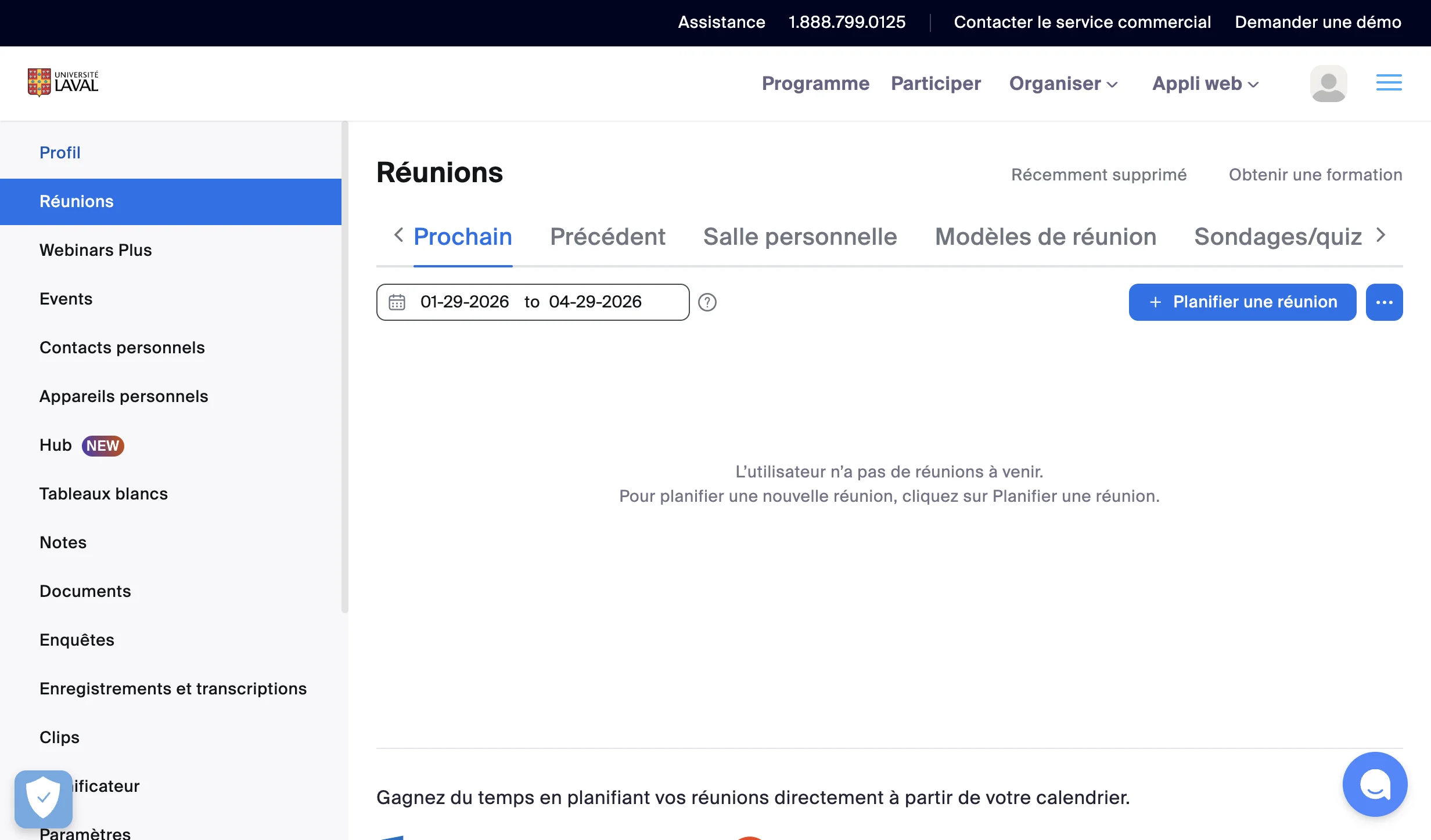 Screenshot showing Cliquer sur « Réunions »
