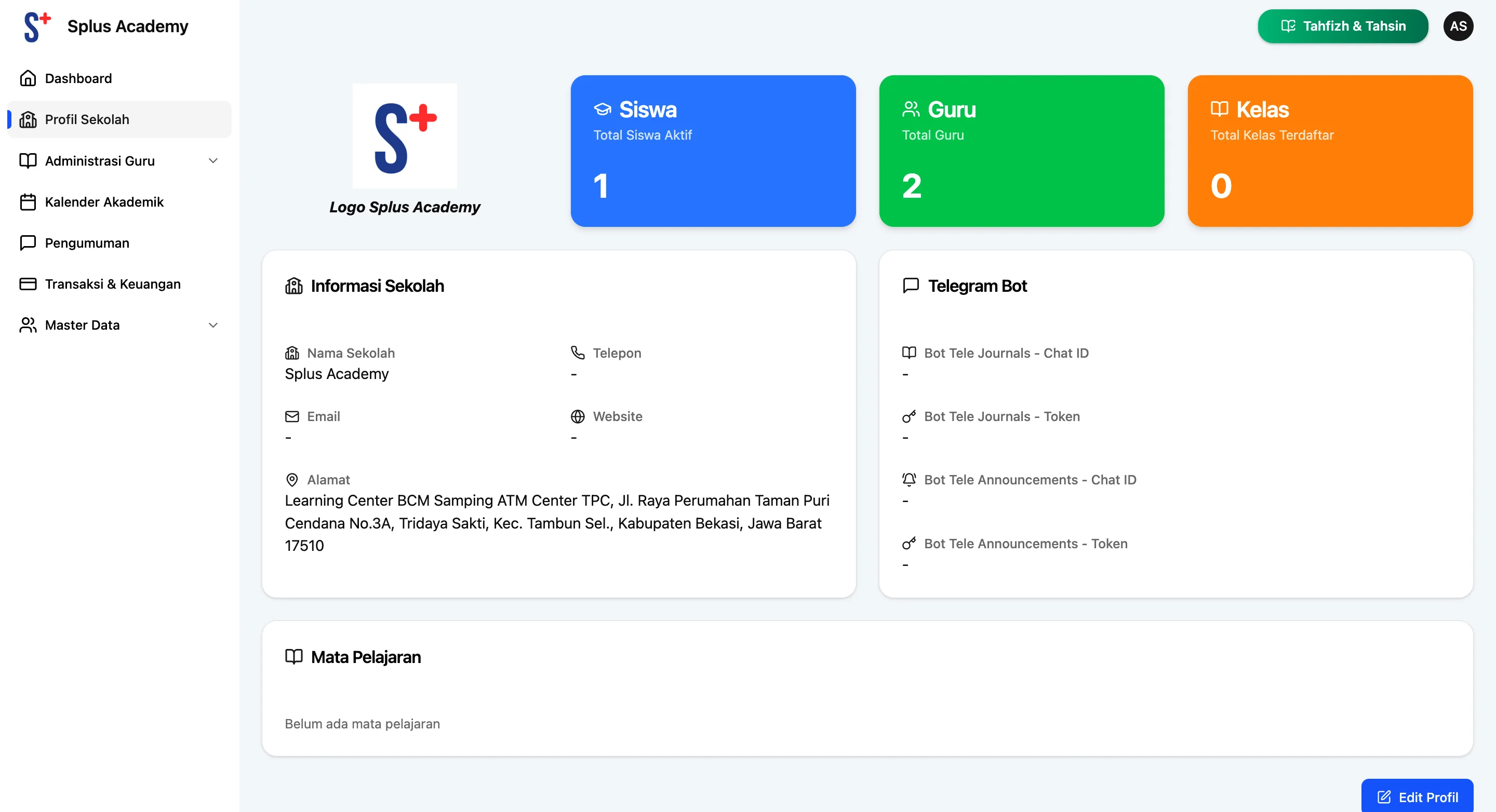 Screenshot showing Klik Profil Sekolah dan tombol Edit Profil.