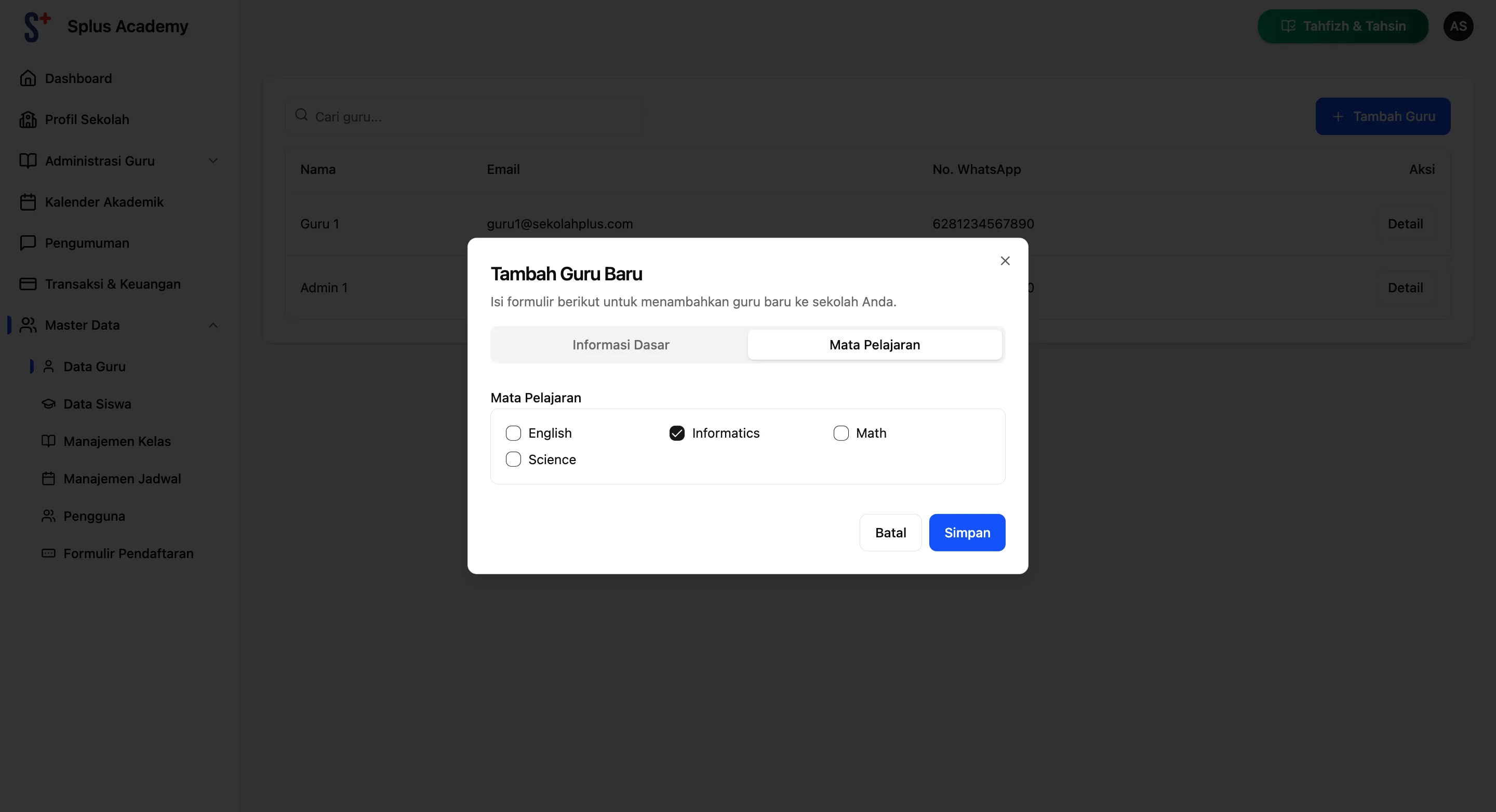 Screenshot showing Setelah komplit, beralih ke tab Mata Pelajaran dan checklist Mata Pelajaran guru tersebut. Mata Pelajaran bisa di cheklist lebih dari 1. Klik Simpan jika sudah selesai.