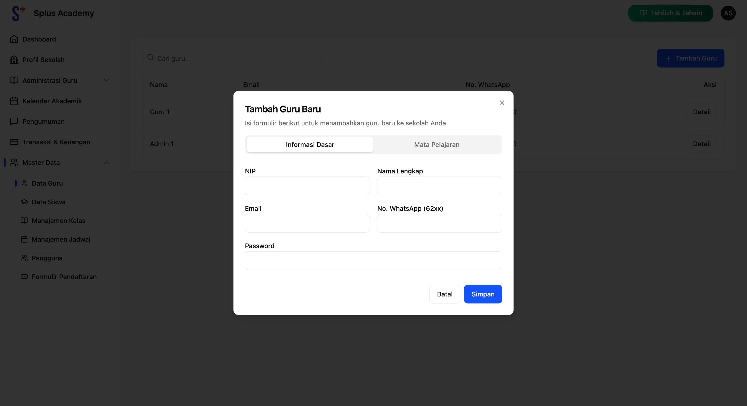 Screenshot showing Pada Tab Informasi Dasar, isi semua field termasuk password.