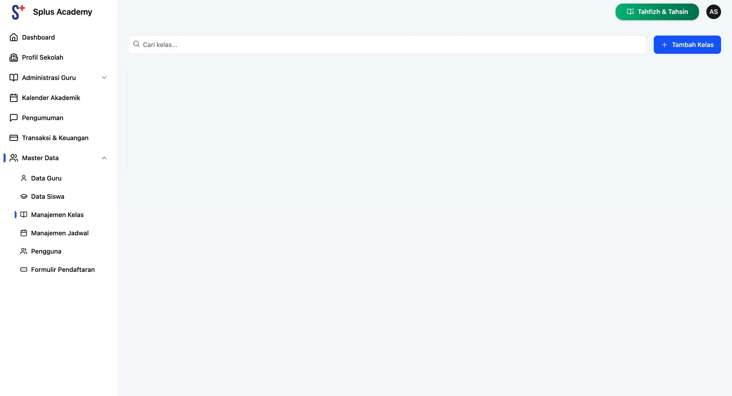 Screenshot showing Klik Tambah Kelas untuk membuat kelas baru.