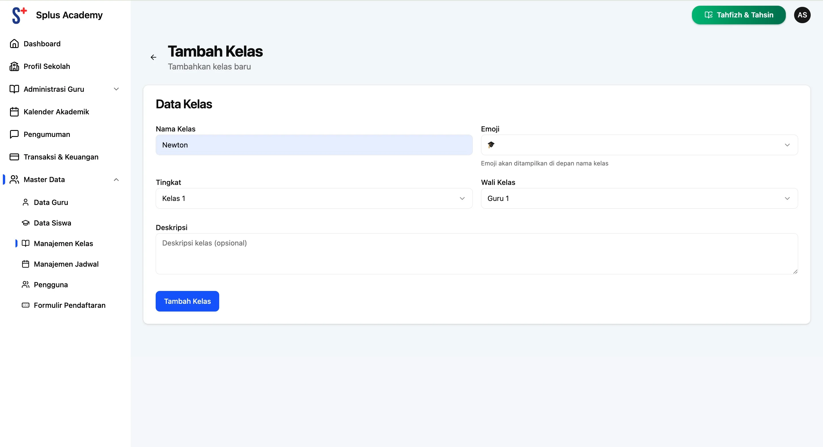 Screenshot showing Isi Nama Kelas, Emoji, hingga Wali Kelasnya. Klik Tambah Kelas untuk menyimpan kelas.