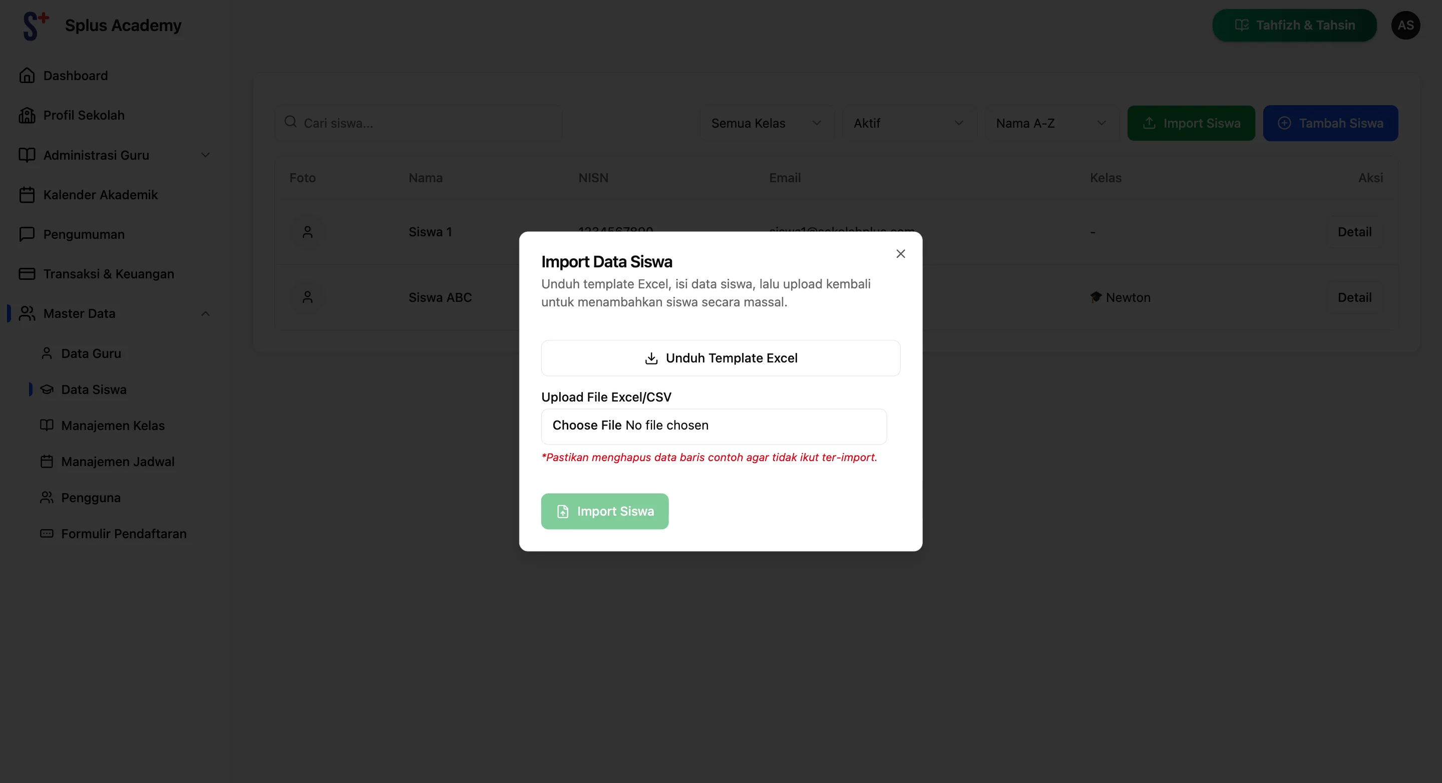 Screenshot showing Klik Unduh Template Excel untuk untuk download template nya.