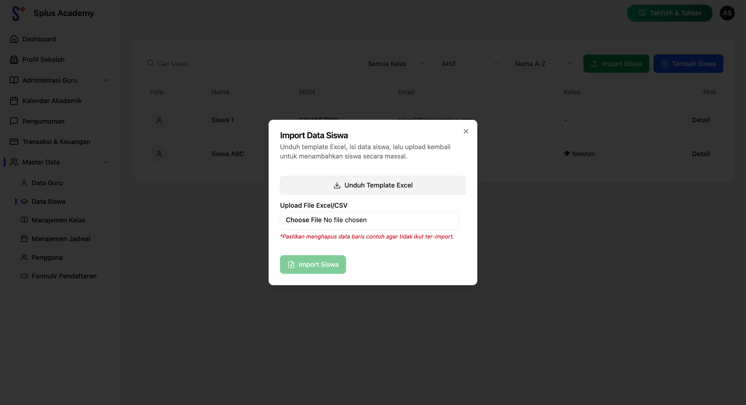 Screenshot showing Kembali ke Dashboard SekolahPlus, di pop up Import Data Siswa, klik Choose File. Pilih File .xlsx yang sudah di edit. Setelahnya, klik Import Siswa.