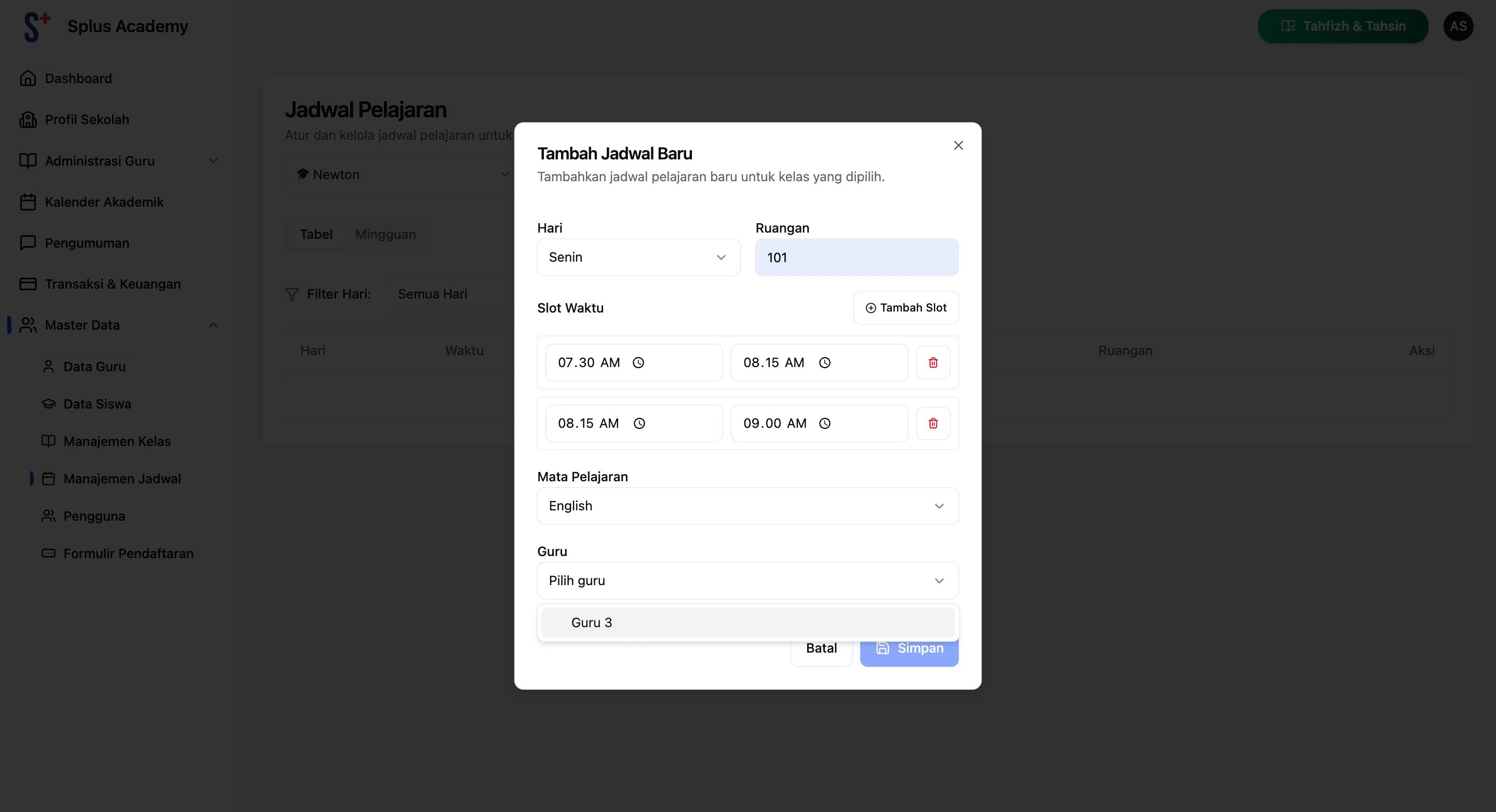 Screenshot showing Isi semua detail dari Hari hingga Guru. Jika jadwal membutuhkan Slot Waktu, bisa klik Tambah Slot. Jika selesai, klik Simpan.