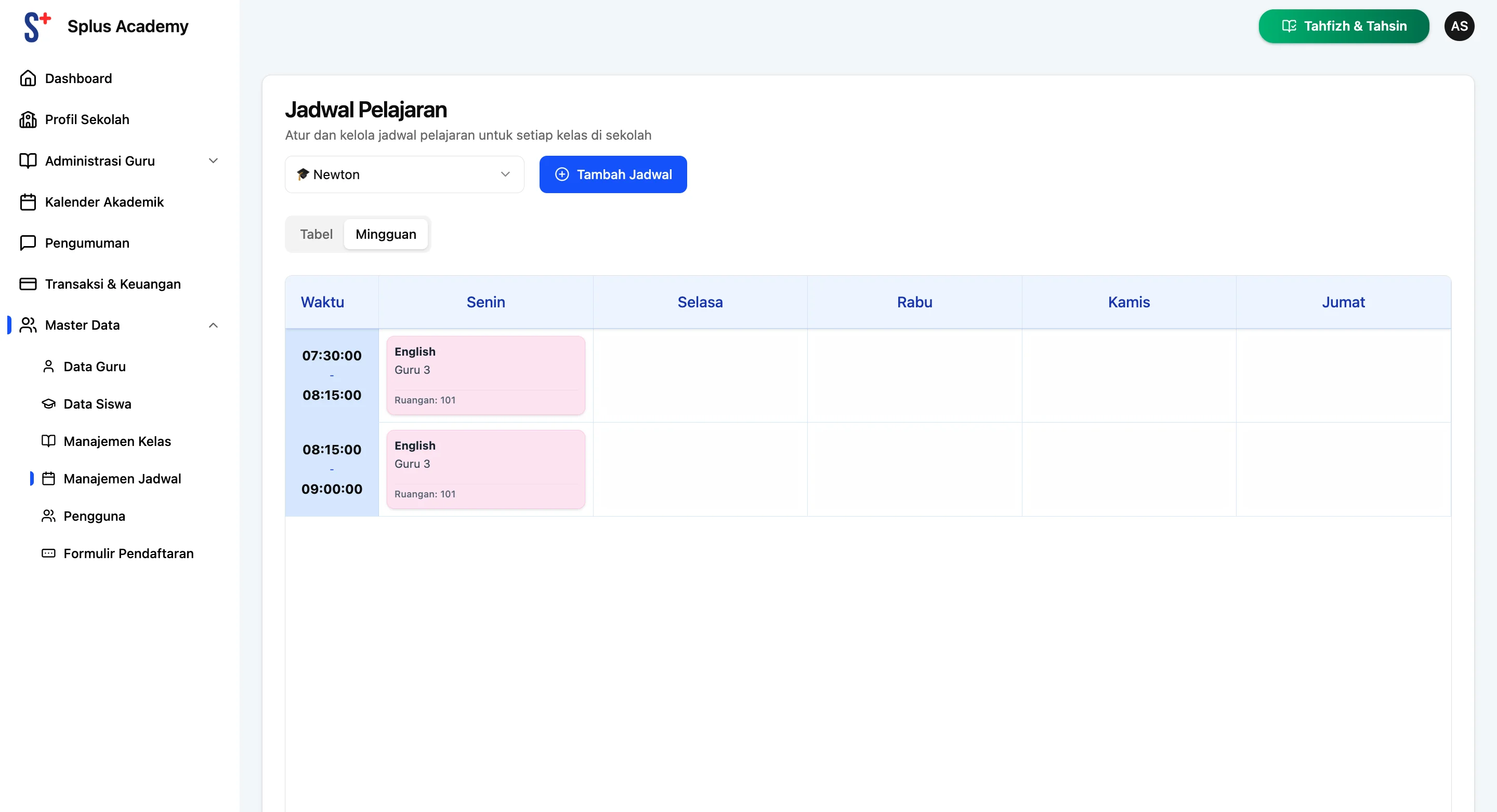 Screenshot showing Jika sudah tersimpan, anda bisa melihat jadwal model Tabel atau Mingguan.