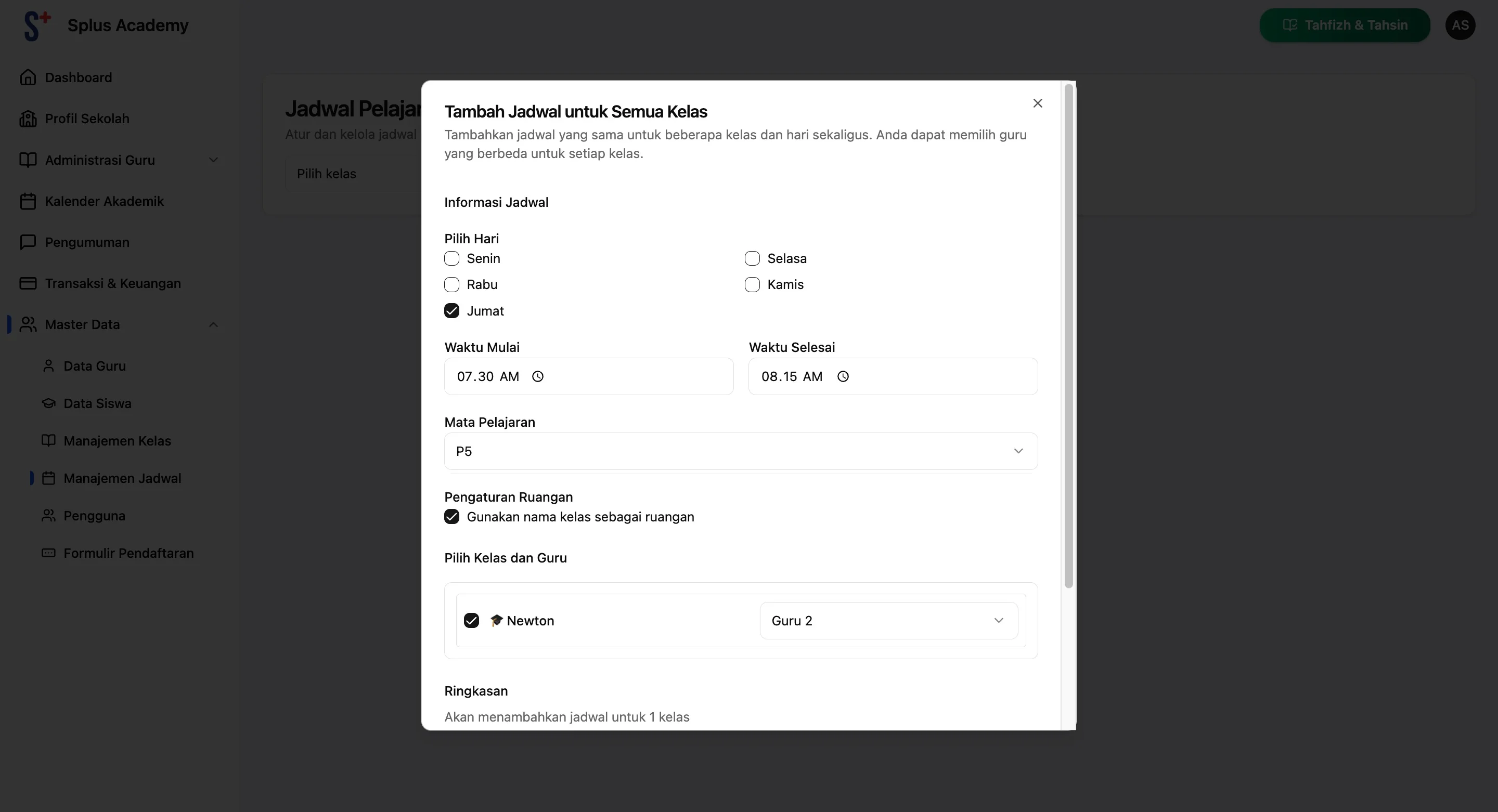 Screenshot showing Isi semua fieldnya. PRO TIPS: Jika ingin menambahkan jadwal umum seperti UPACARA, P5, Jum'at Bersih, dll, maka bisa menambahkannya terlebih dahulu di Profil Sekolah sebagai MATA PELAJARAN dan Assign Guru / Staff PIC nya. Klik Simpan Jadwal jika sudah selesai.