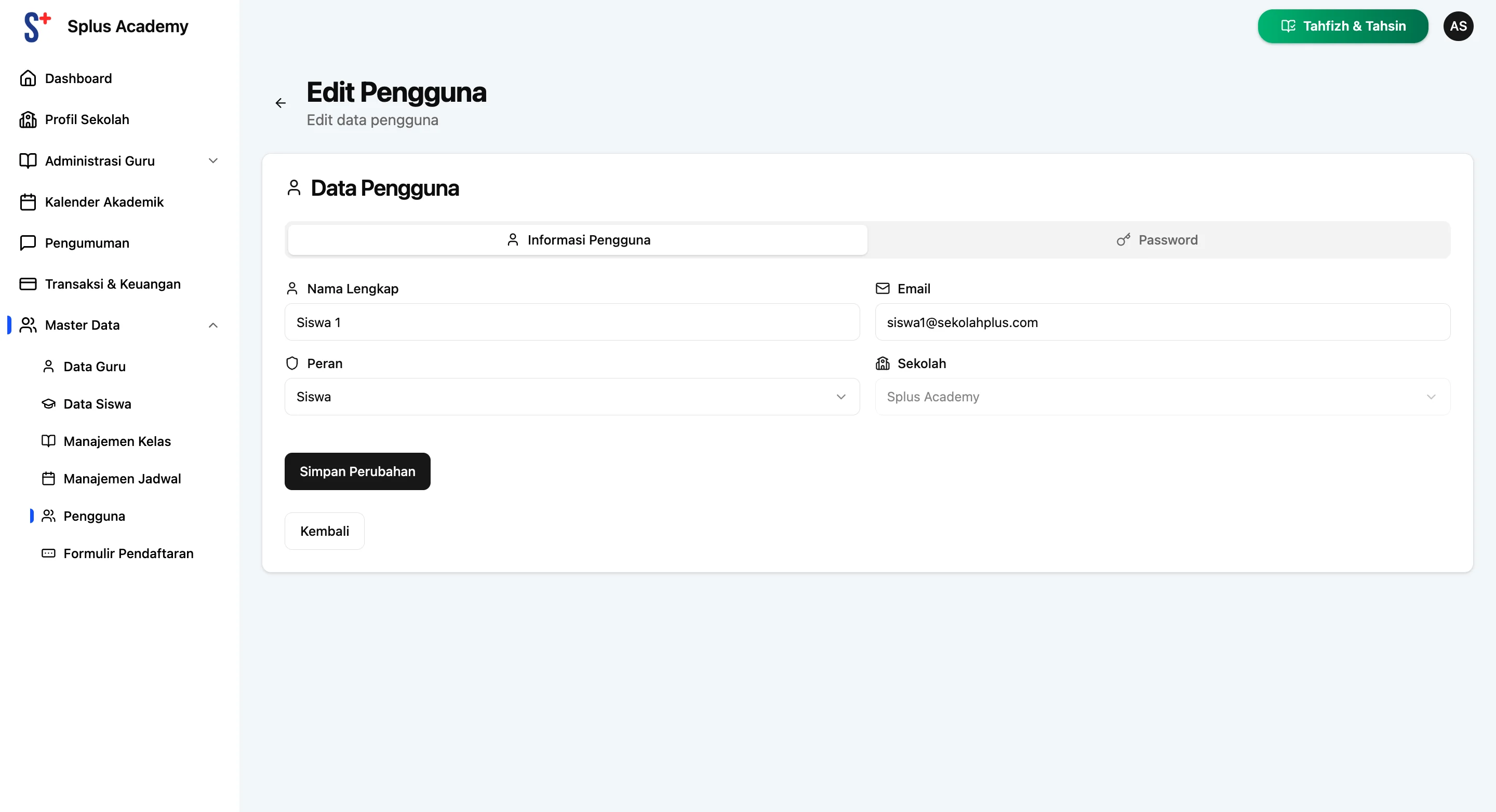 Screenshot showing Admin bisa melakukan edit Nama, Email, dan Peran. Klik Simpan Perubahan jika selesai.