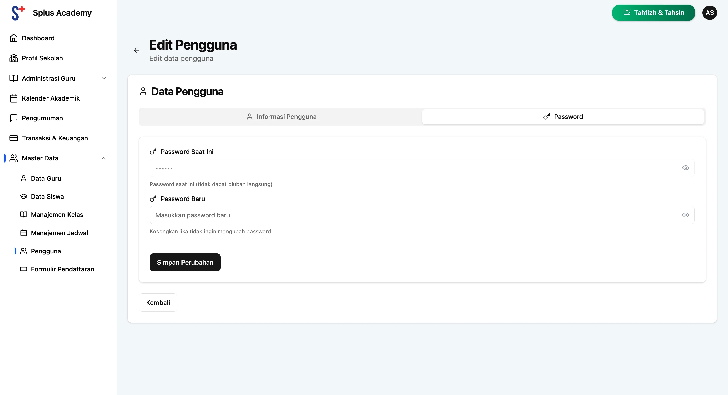 Screenshot showing Klik Tab Password untuk melihat password, atau membuat password baru untuk pengguna. Klik Simpan Perubahan jika selesai.