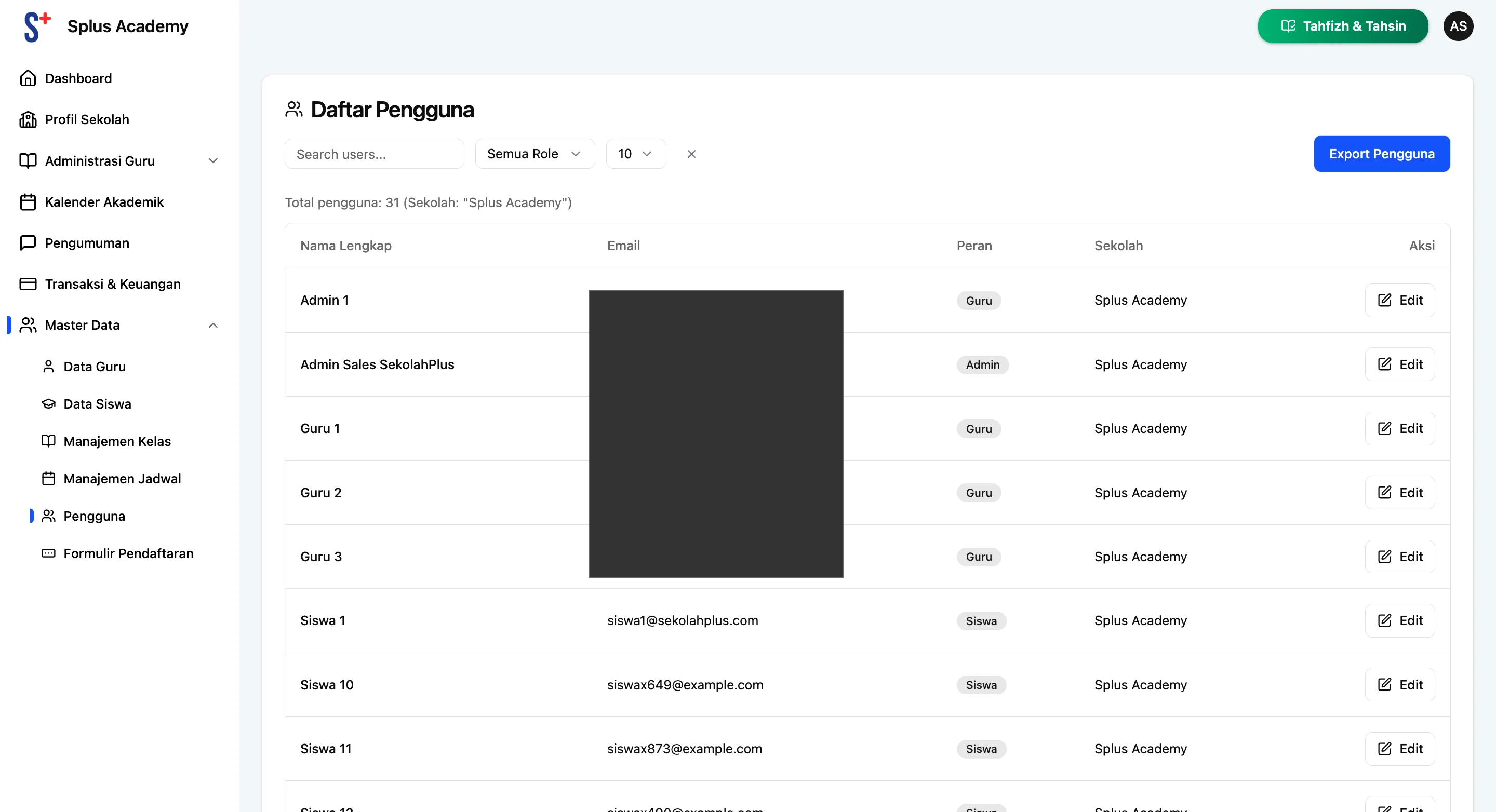 Screenshot showing Jika ingin Export Pengguna, klik Tombol Export Pengguna
