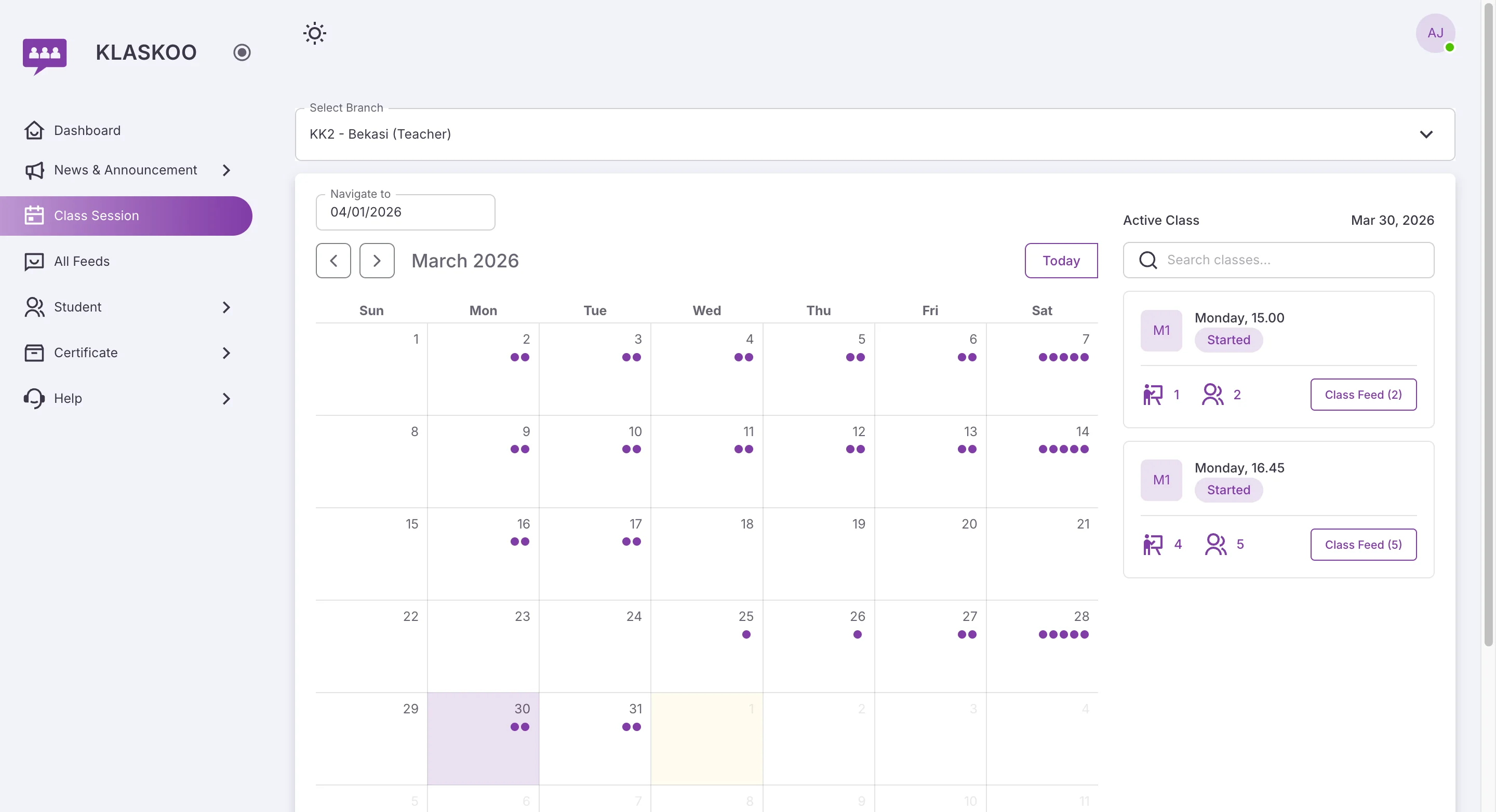 Screenshot showing Navigate to https://manage.klaskoo.com/class-session/calendar