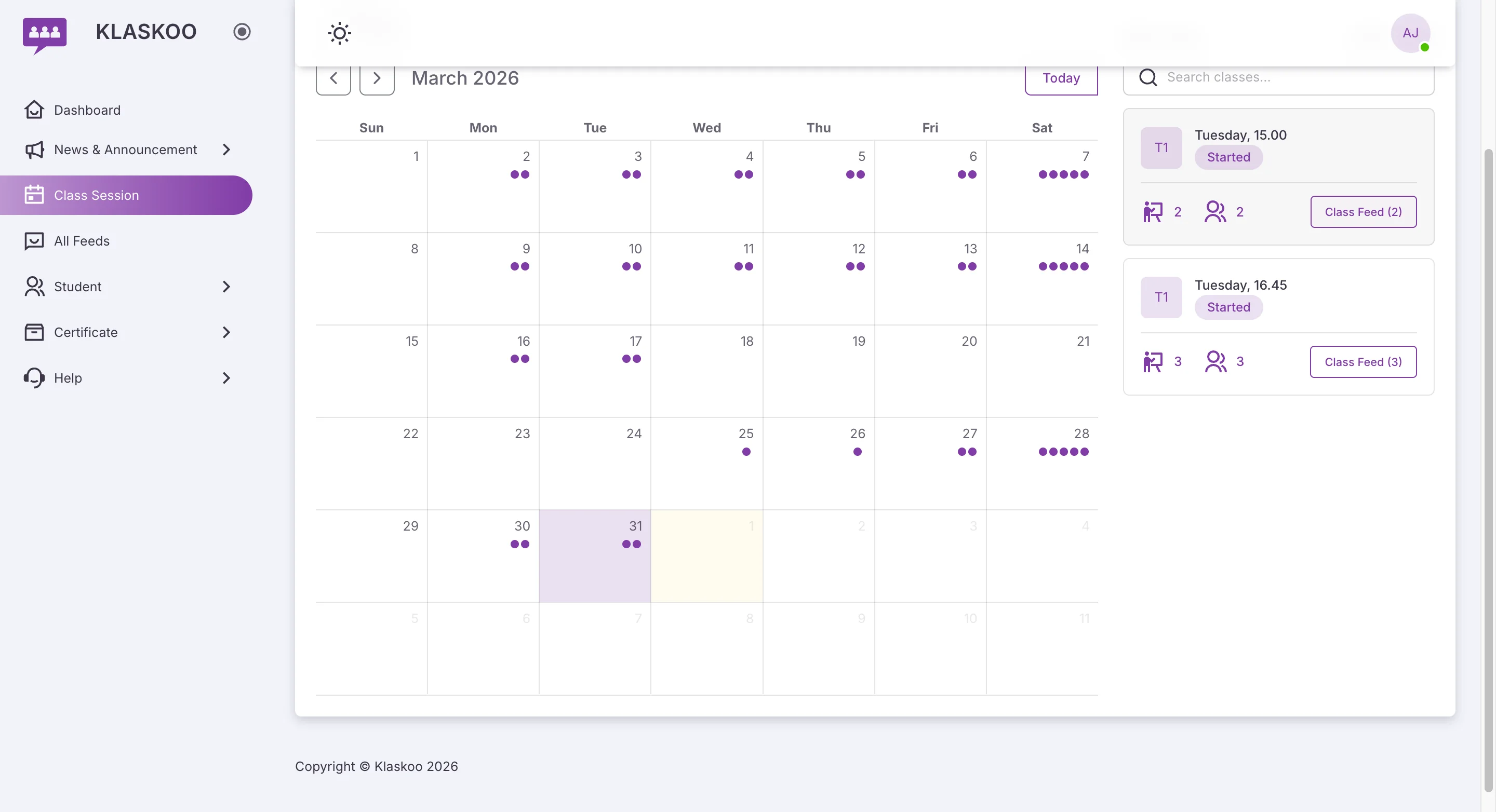 Screenshot showing Navigate to https://manage.klaskoo.com/class-session/calendar