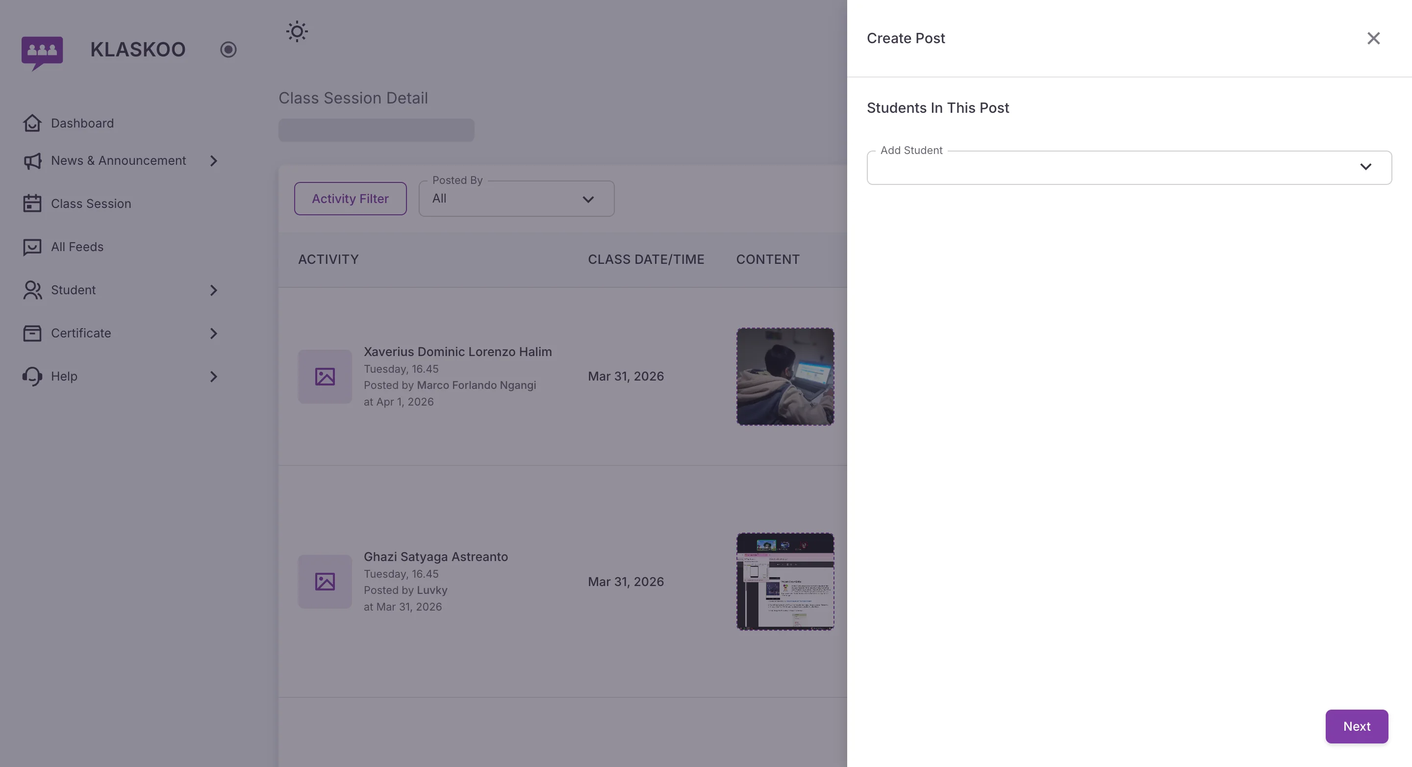 Screenshot showing Navigate to https://manage.klaskoo.com/class-session/4328774?tabView=feeds