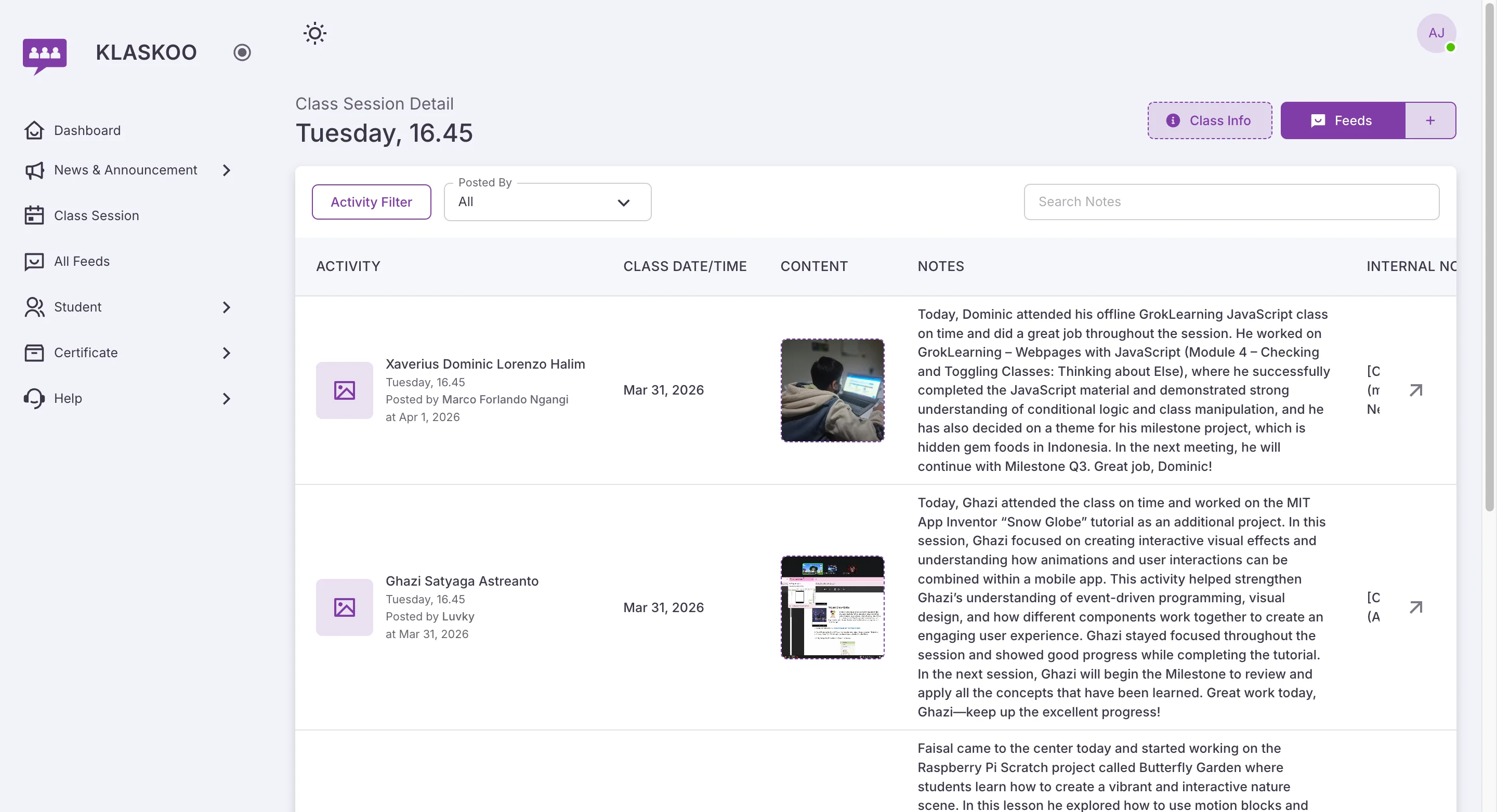 Screenshot showing Navigate to https://manage.klaskoo.com/class-session/4328774?tabView=feeds
