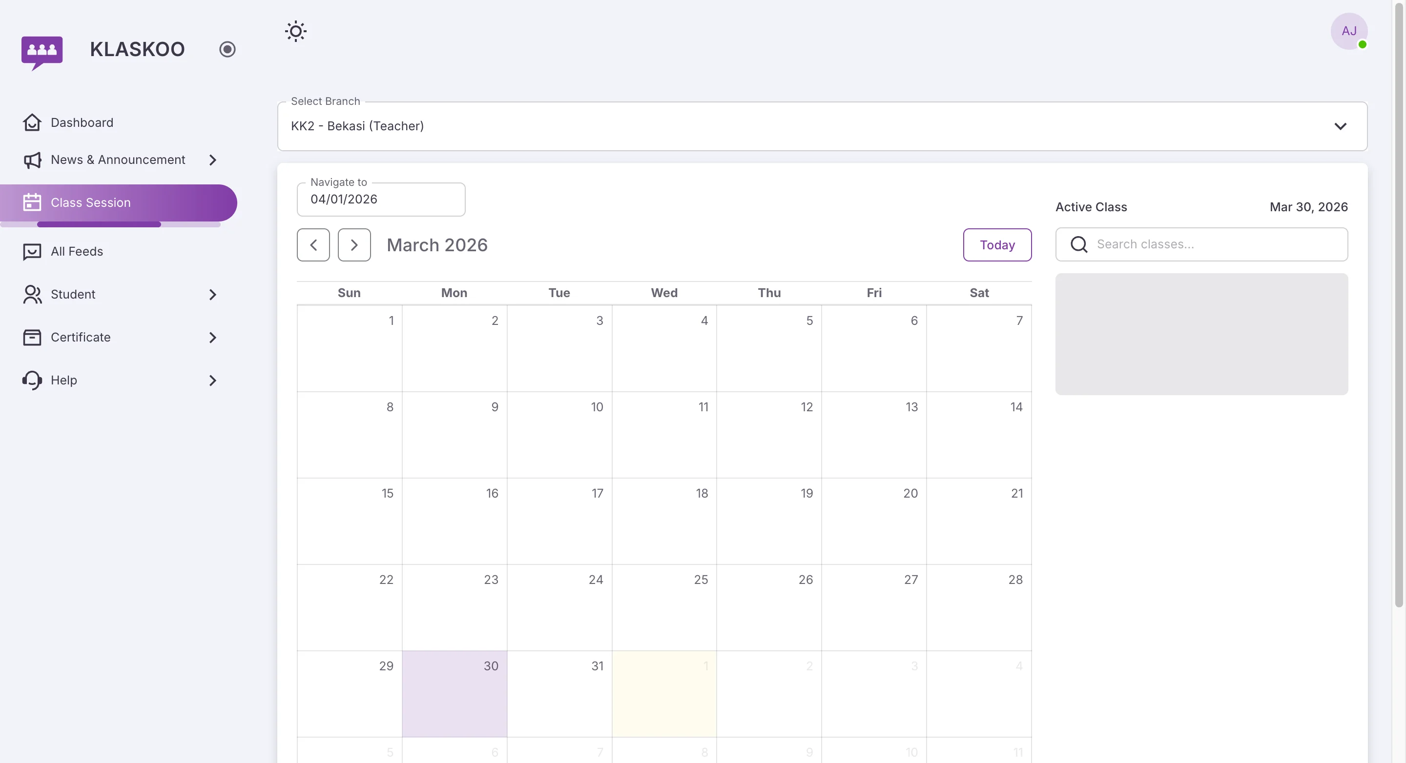 Screenshot showing Click on 'Class Session'