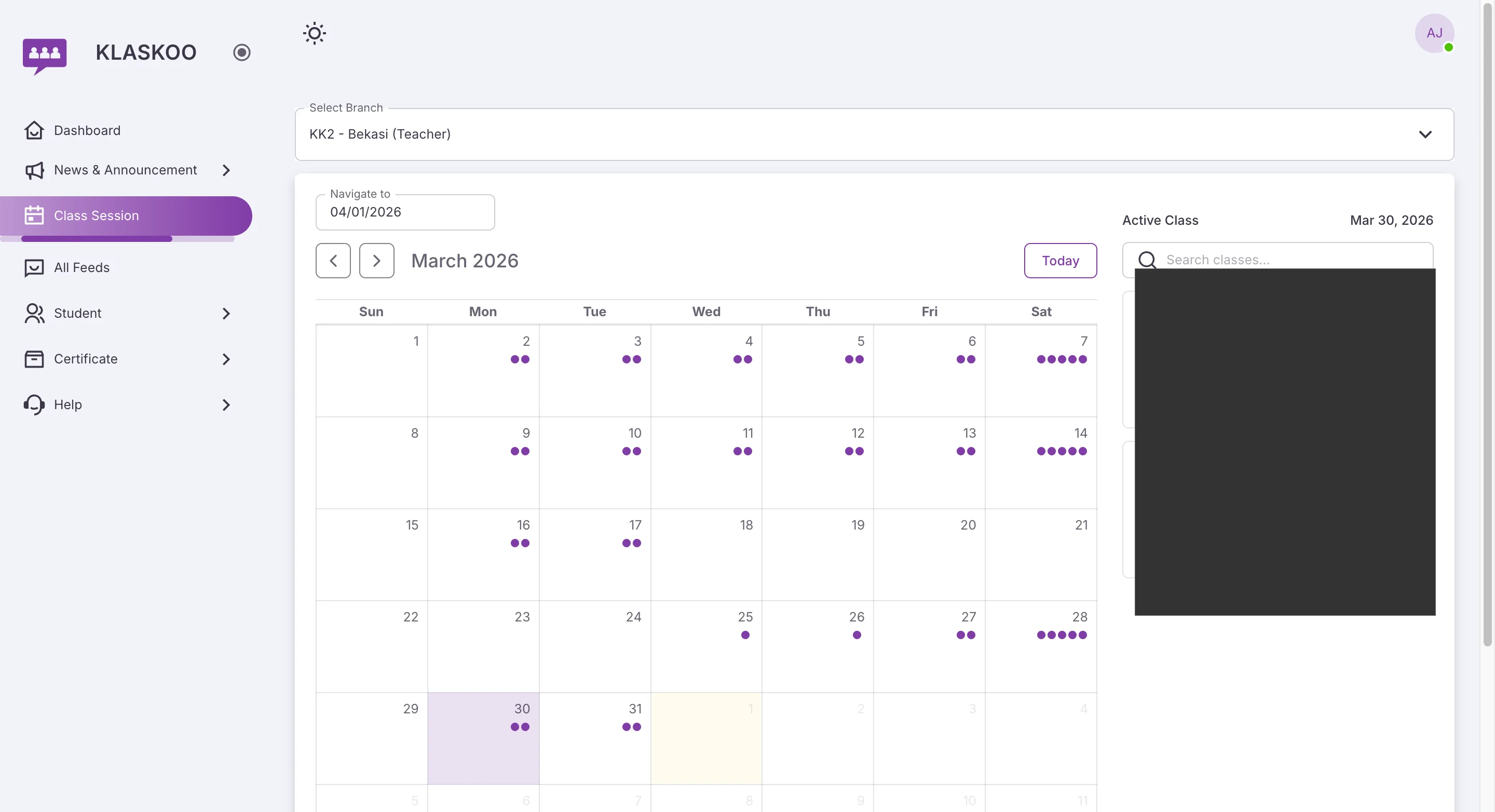 Screenshot showing Navigate to https://manage.klaskoo.com/class-session/calendar
