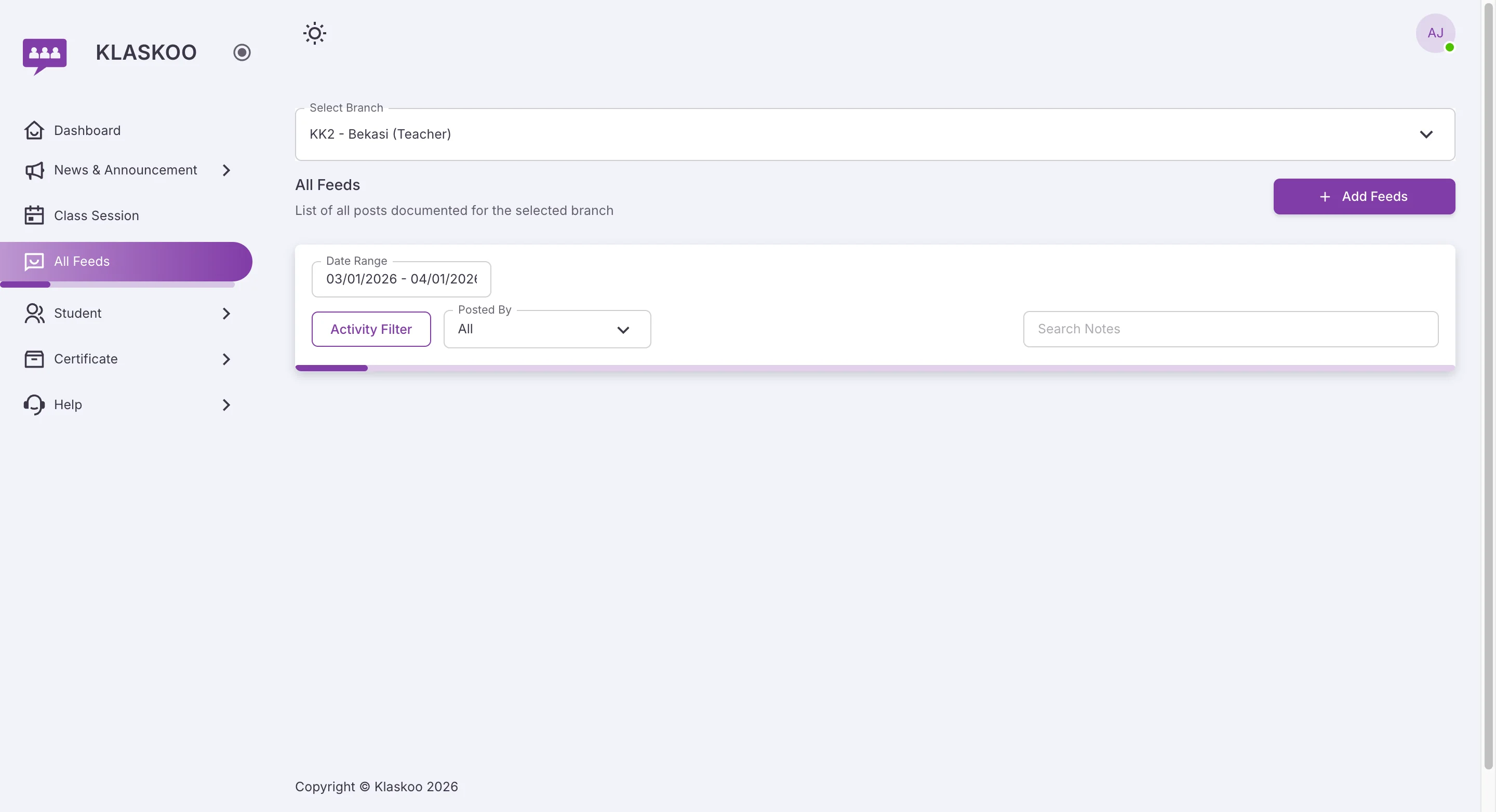 Screenshot showing Navigate to https://manage.klaskoo.com/class-session/calendar
