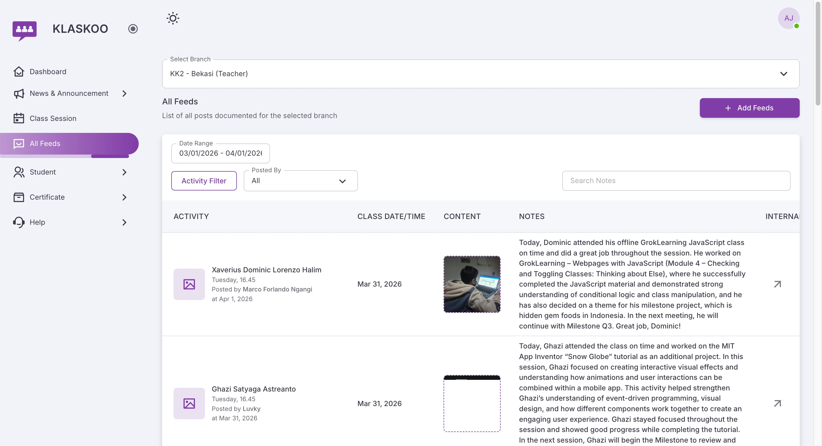 Screenshot showing Navigate to https://manage.klaskoo.com/feeds