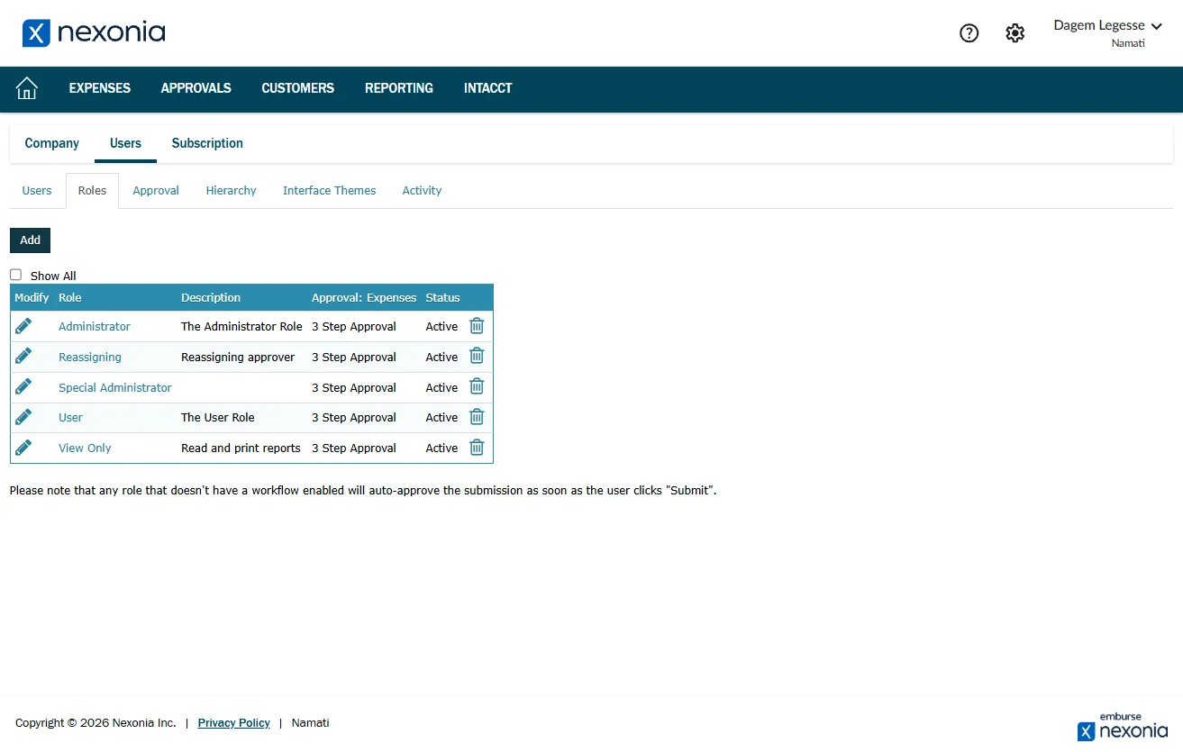 Screenshot showing Navigate to https://b.na2.system.nexonia.com/assistant/setup/users/roleList.do