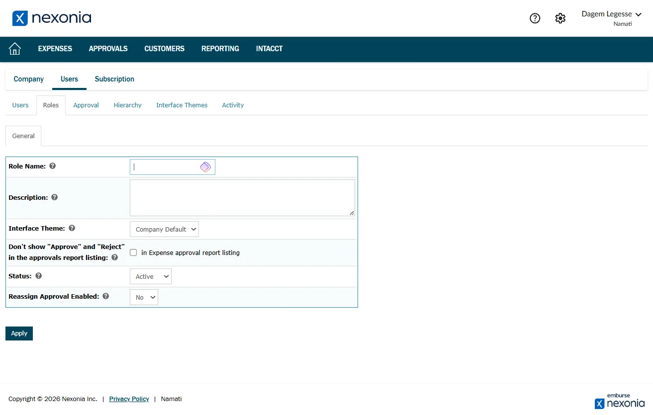 Screenshot showing Navigate to https://b.na2.system.nexonia.com/assistant/setup/users/roleAdd.do