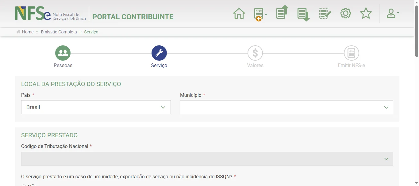 Screenshot showing Navigate to https://www.nfse.gov.br/EmissorNacional/DPS/Servico?idr=aFJlUDNoUVZrakYzZStldm1ZZUc4UT090