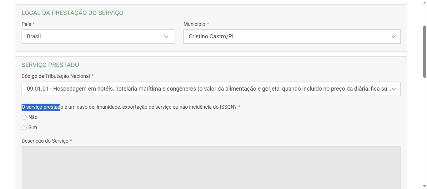 Screenshot showing Click on 'O serviço prestado é um caso d'