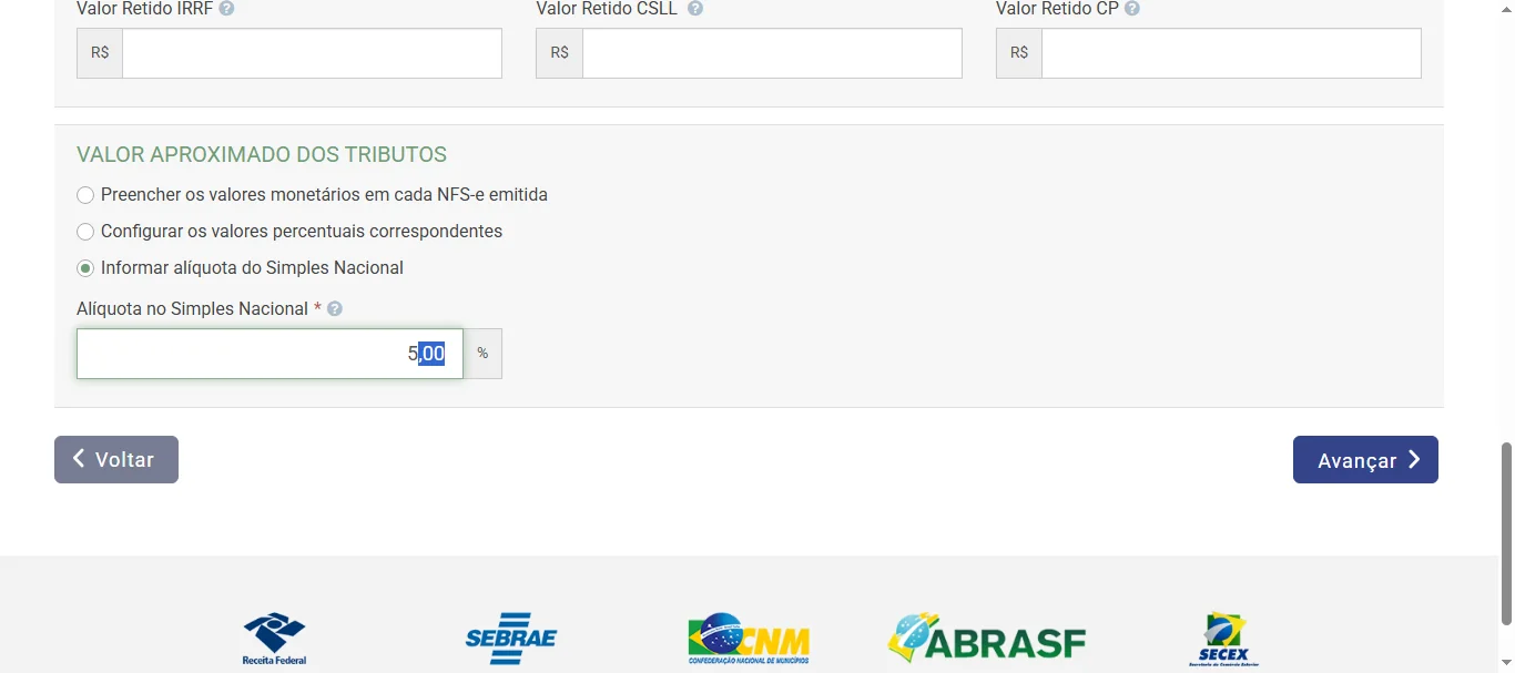Screenshot showing COLOQUE A TAXA DE 5,00%