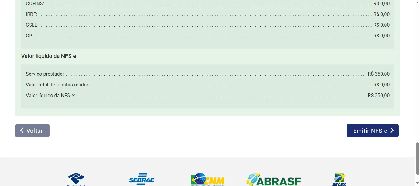 Screenshot showing Clique em 'Emitir NFS-e' NO FIM DA PAGINA